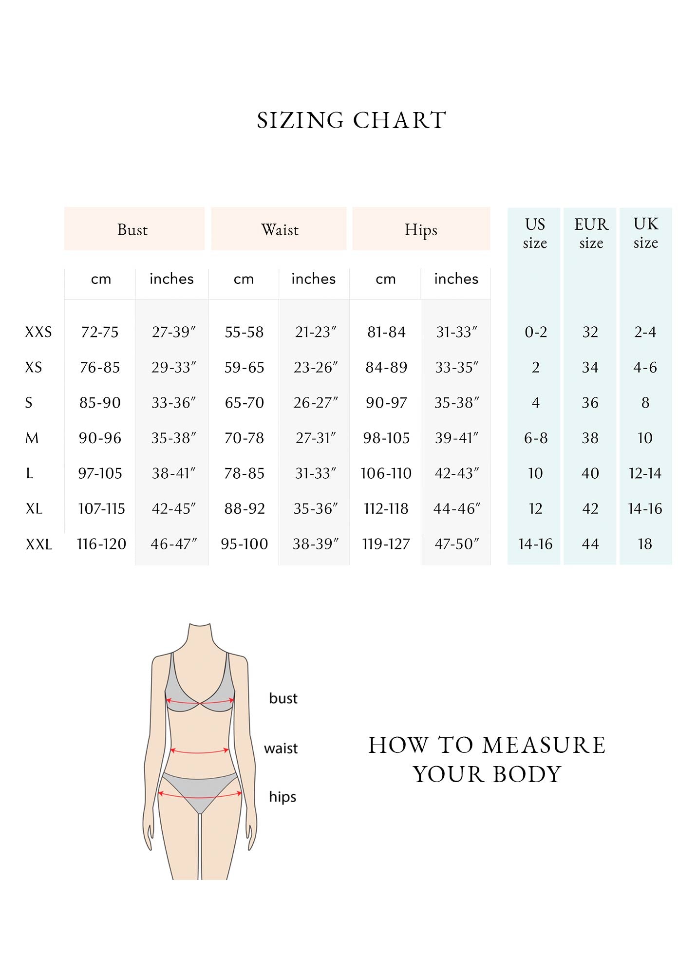 a women's size guide for a bikini top