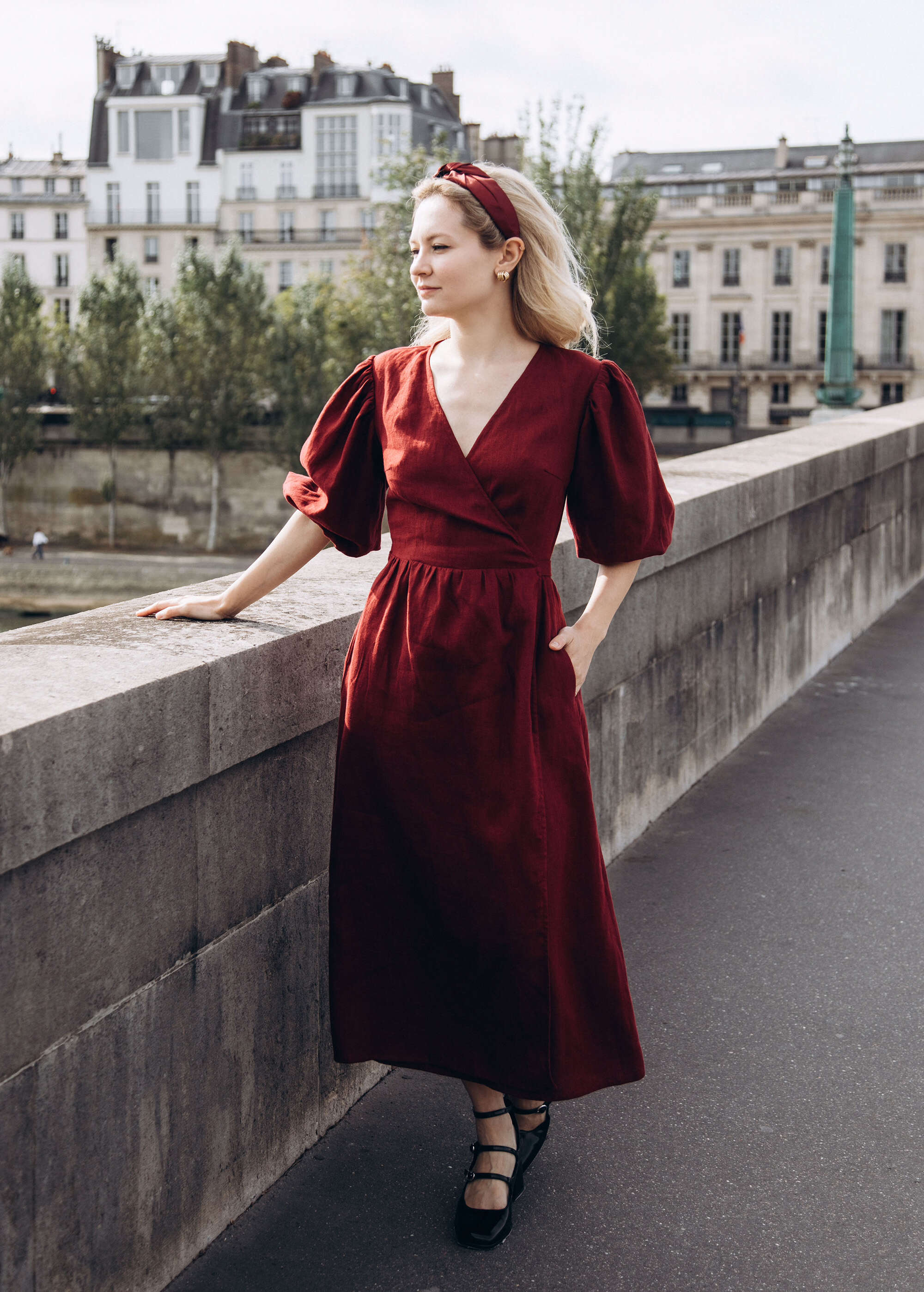 Olivia Burgundy Linen Wrap dress