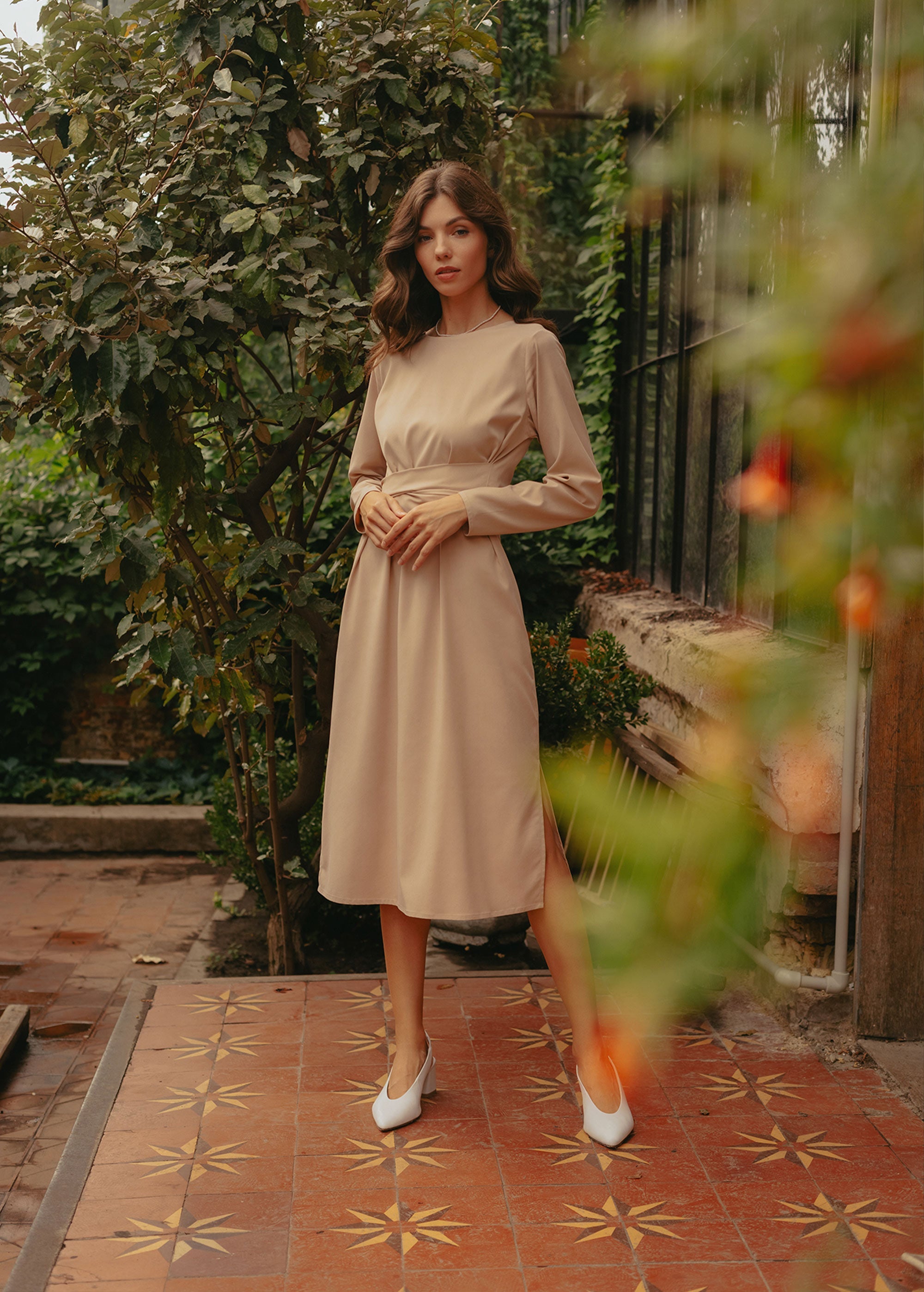 "Audrey" Beige Midi Dress