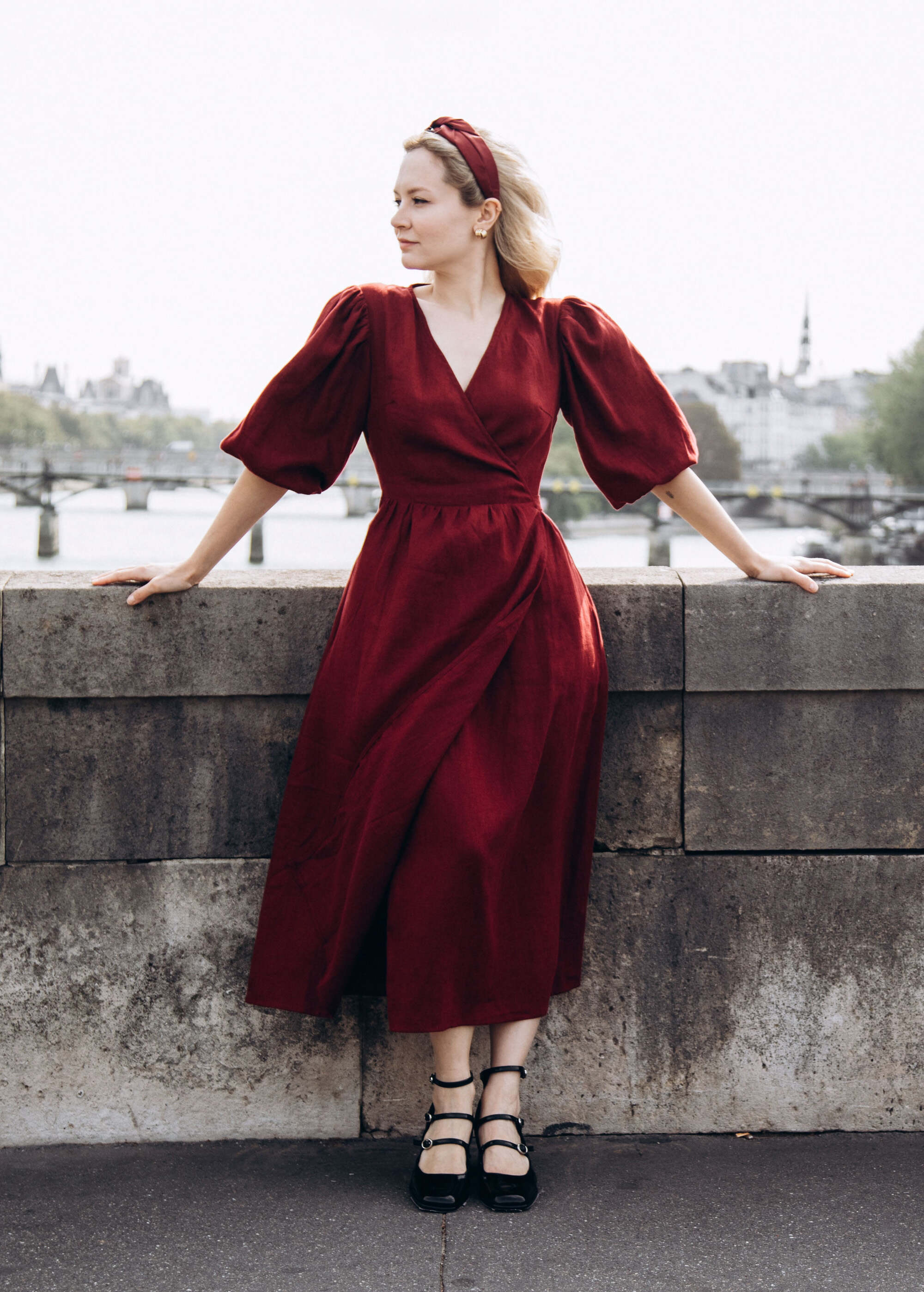 Olivia Burgundy Linen Wrap dress