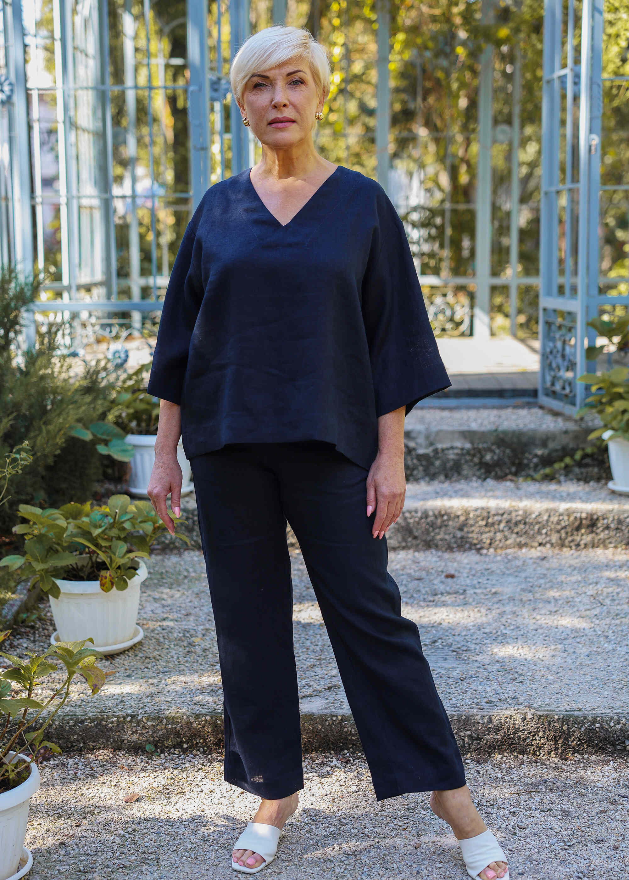 V-neck Navy Blue Linen Top