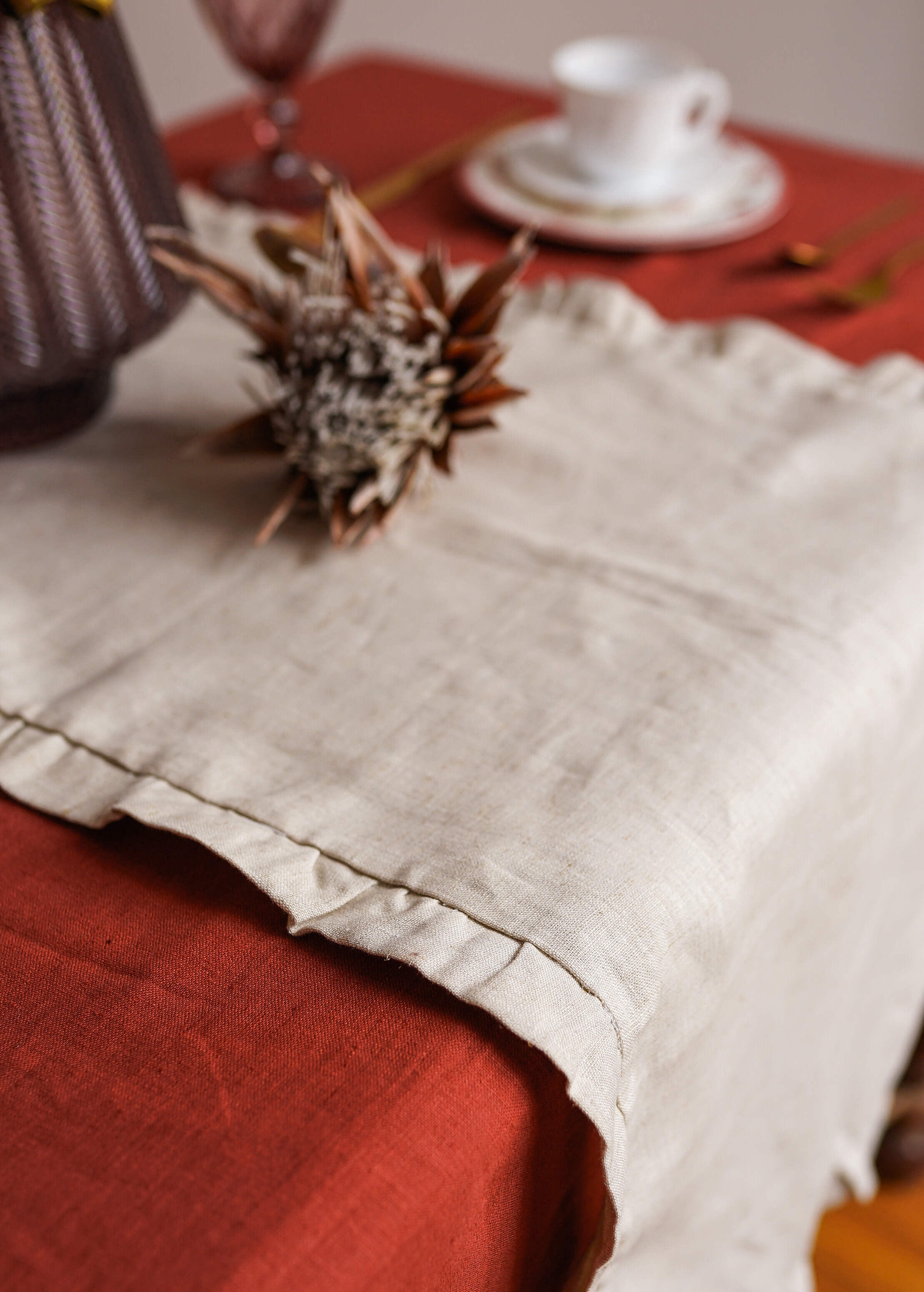 a close up of a table with a cloth on it