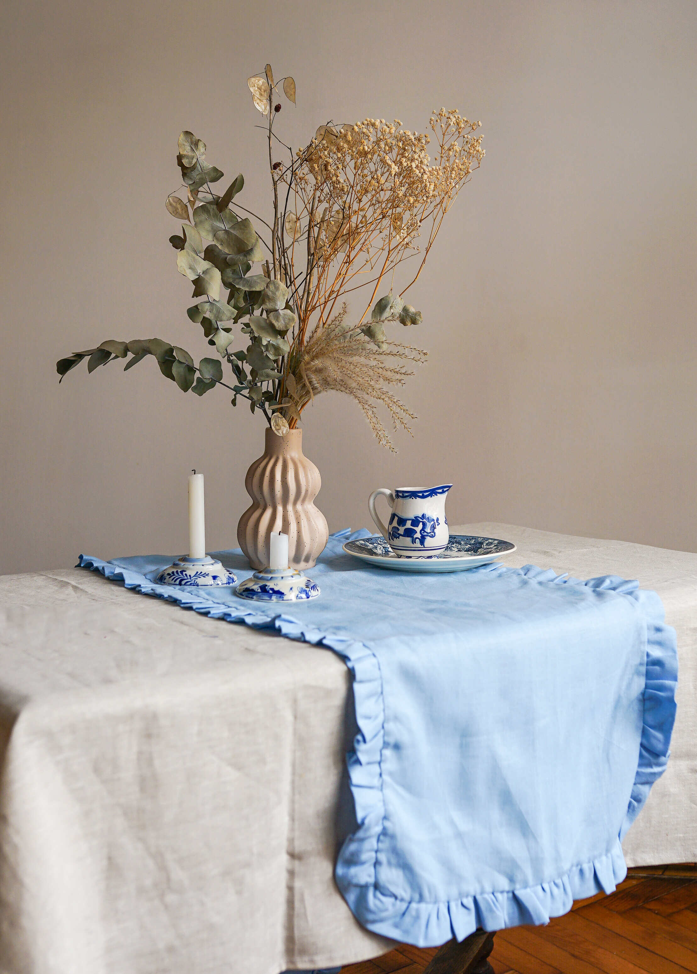 Sky Blue Linen Table Runner with Ruffles