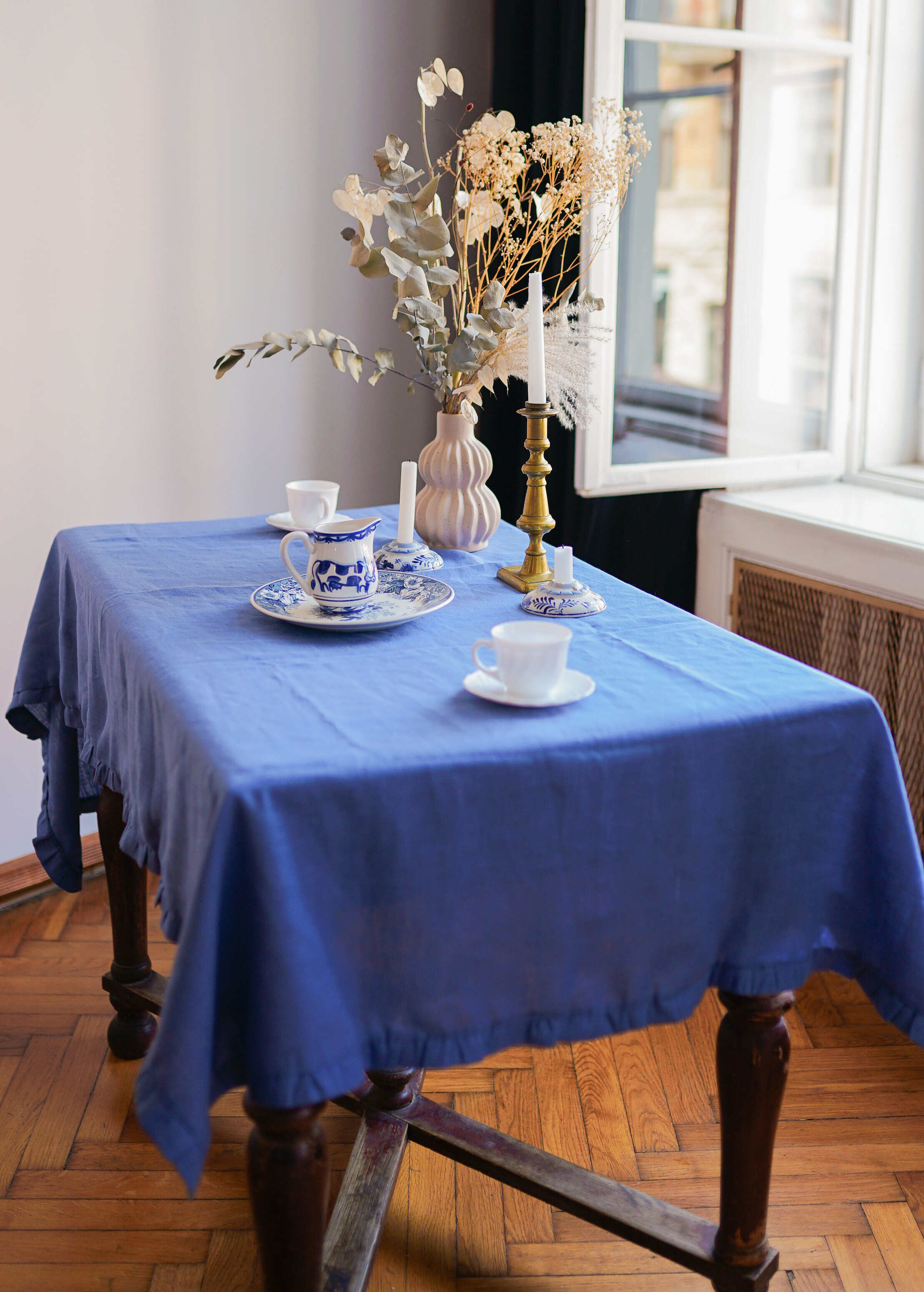 Blue Linen Tablecloth with Ruffles