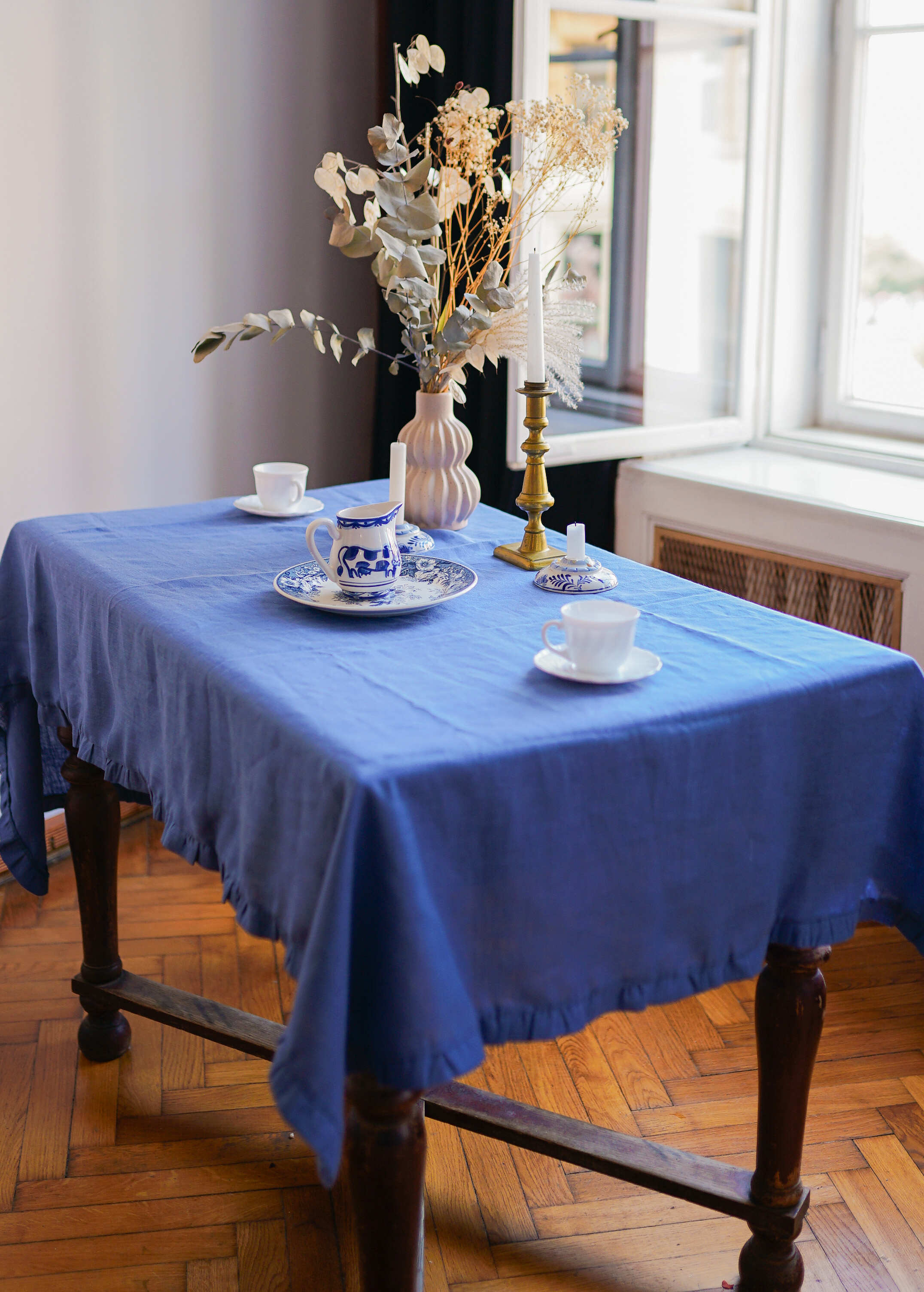 Blue Linen Tablecloth with Ruffles