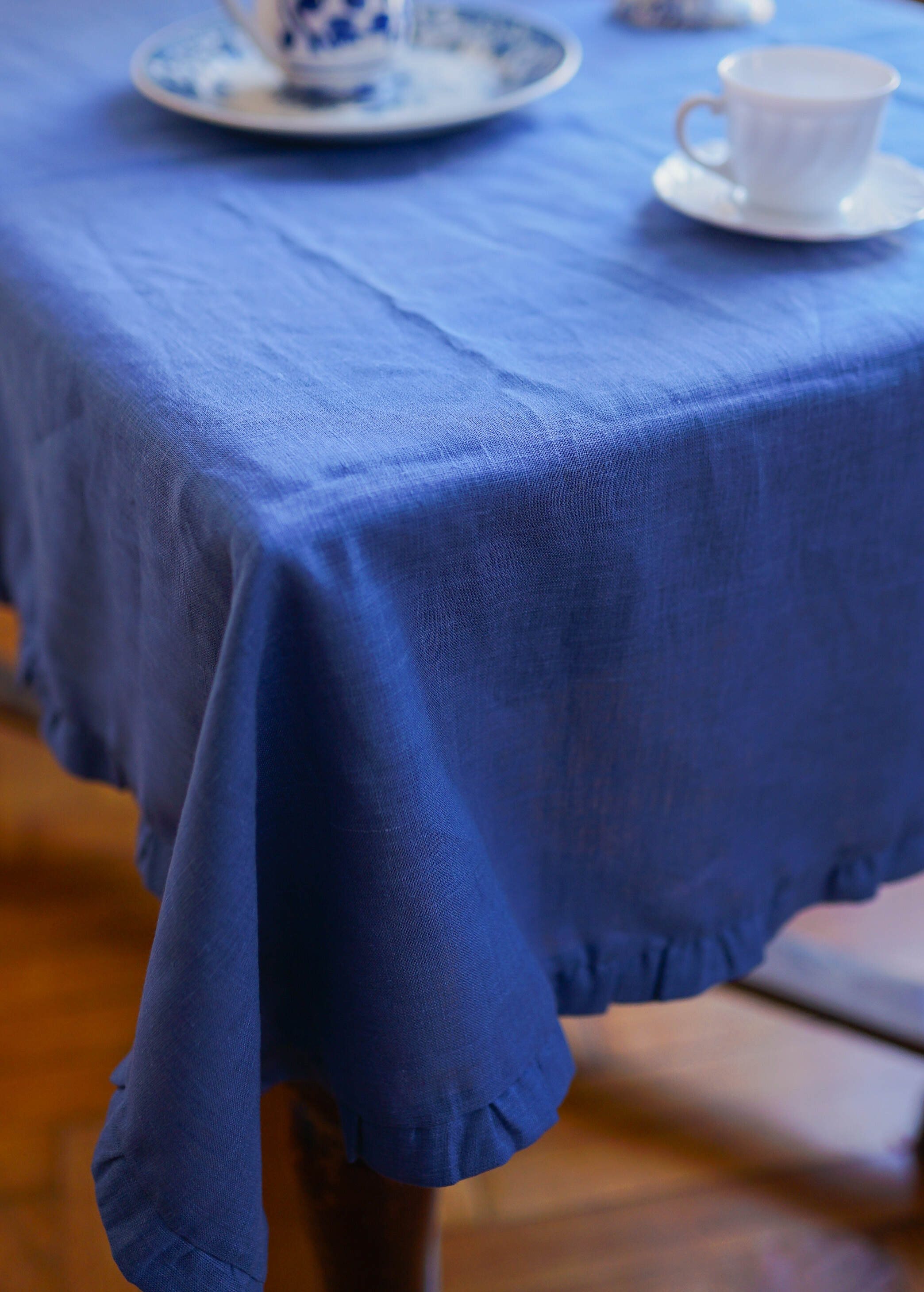 Blue Linen Tablecloth with Ruffles