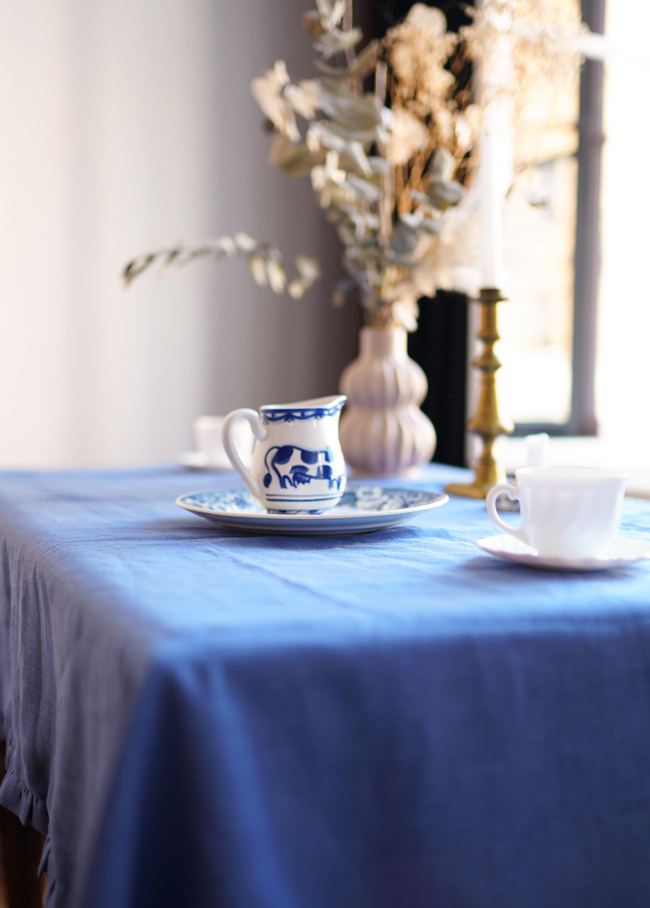 Blue Linen Tablecloth with Ruffles