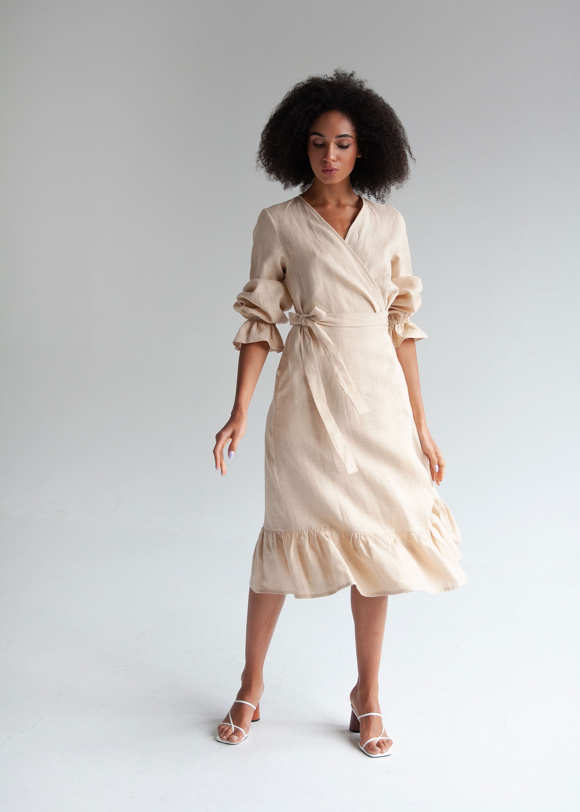 "Jennifer" Cream Linen Midi Wrap Dress