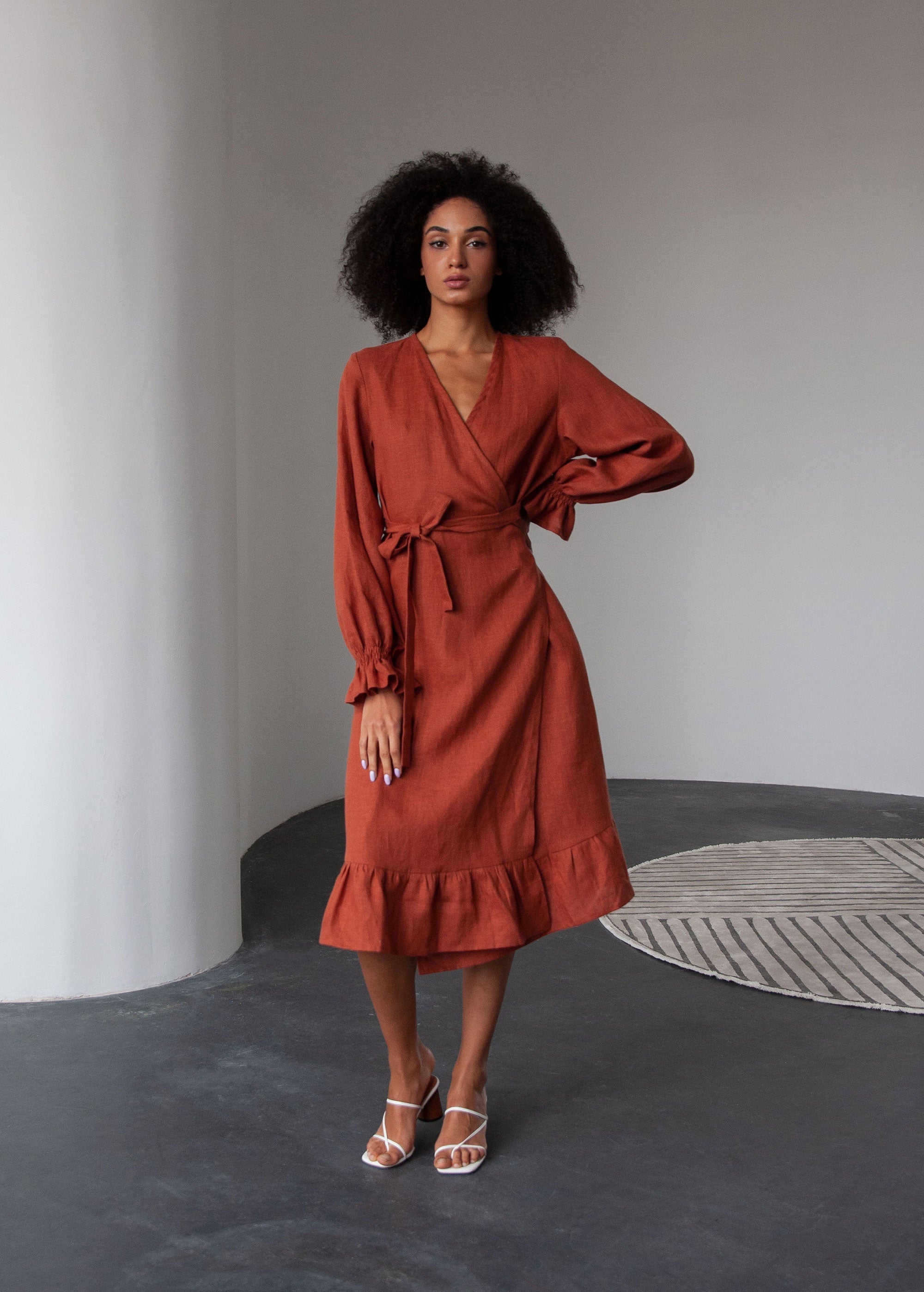 "Jennifer" Burnt Orange Linen Midi Wrap Dress