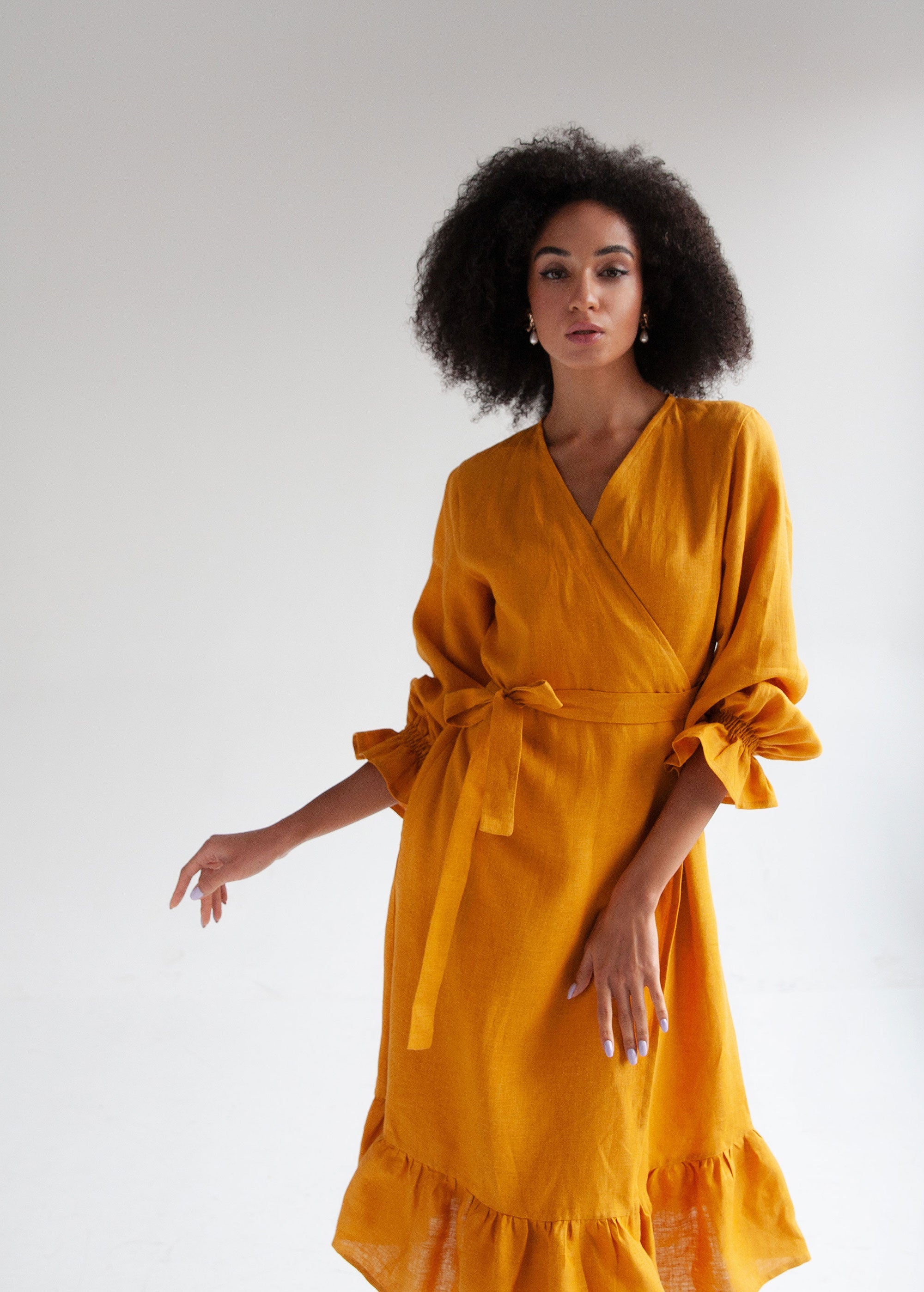 "Jennifer" Mustard Yellow Linen Wrap Dress