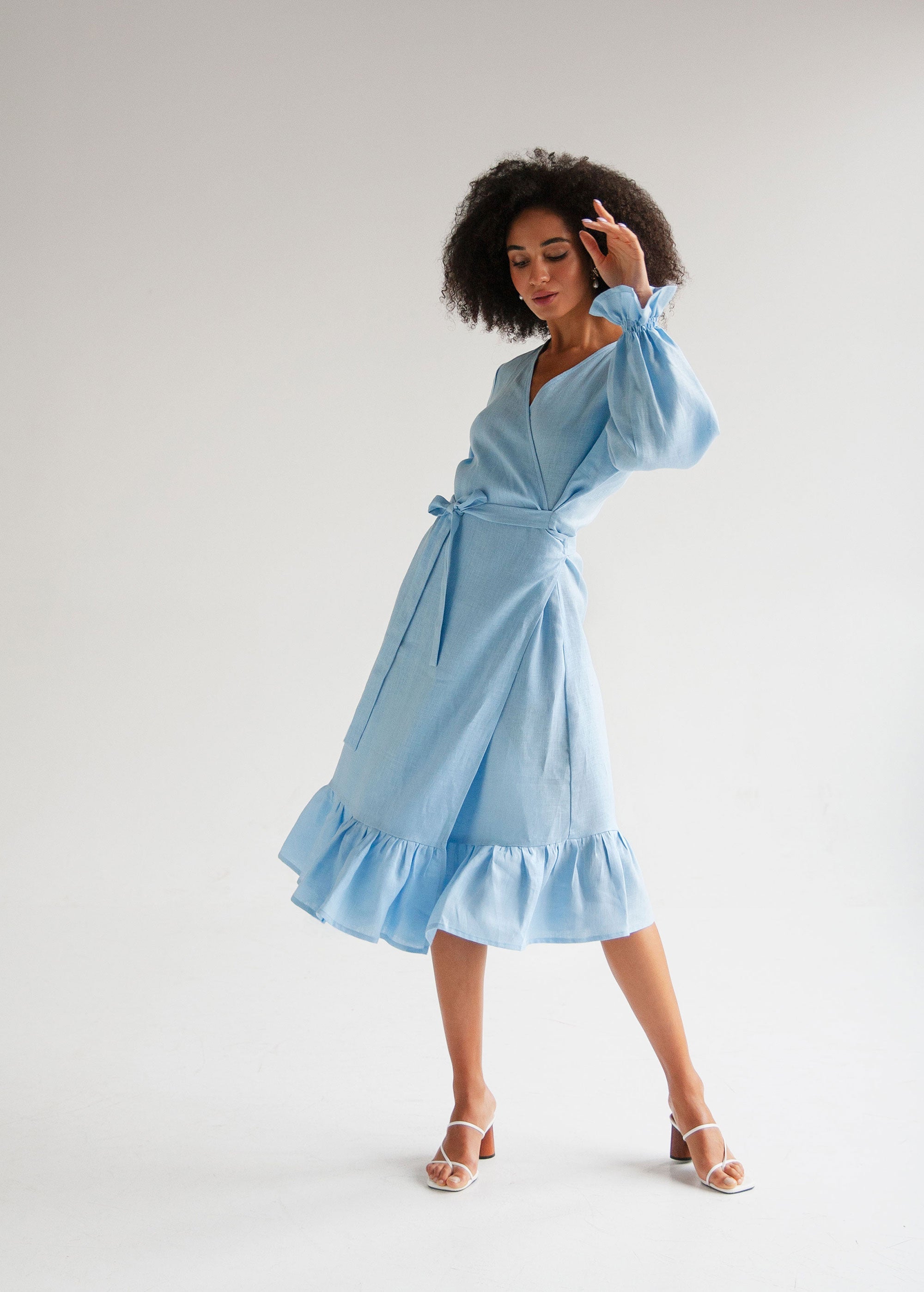 "Jennifer" Sky Blue Linen Wrap Dress