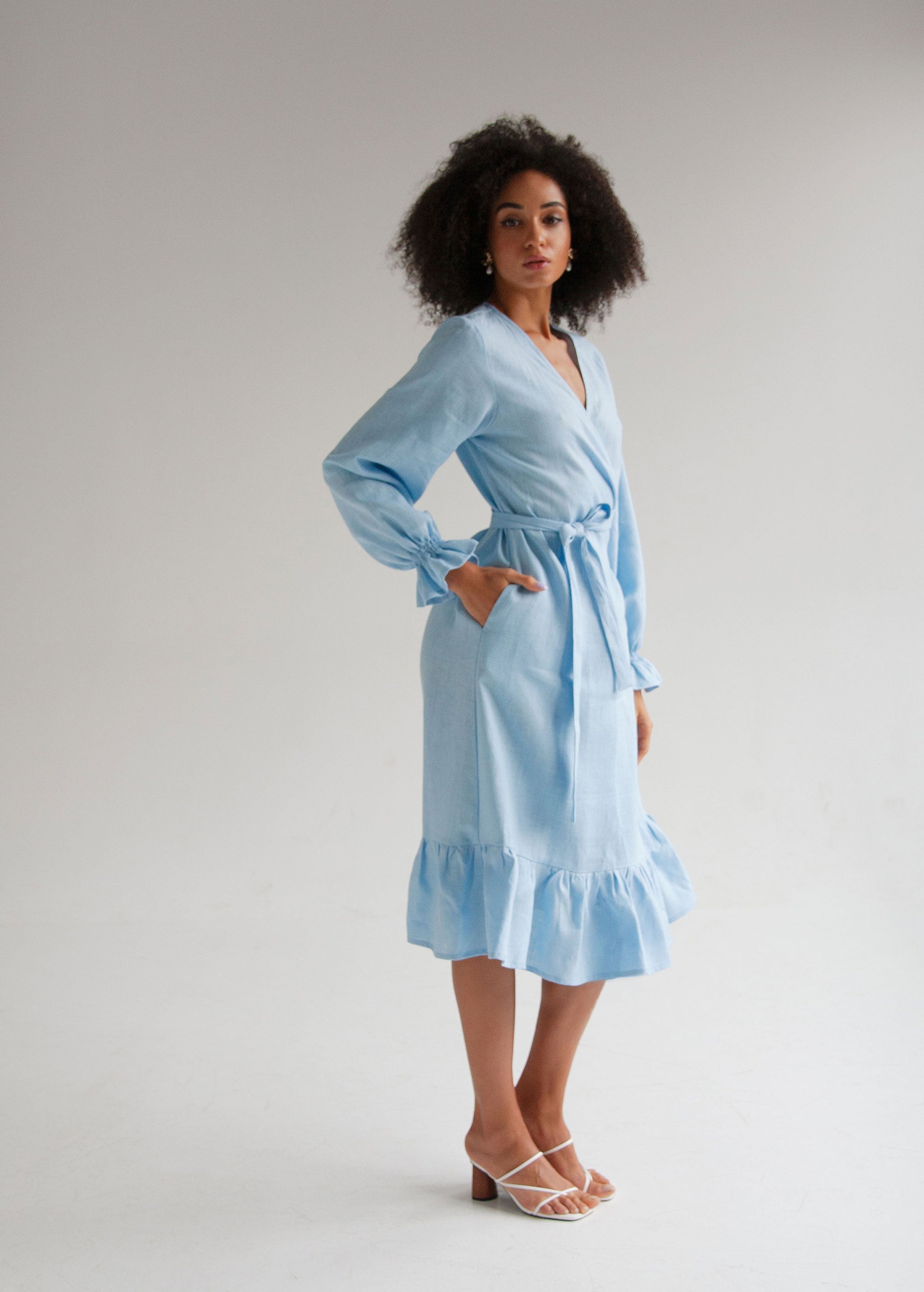 "Jennifer" Sky Blue Linen Wrap Dress