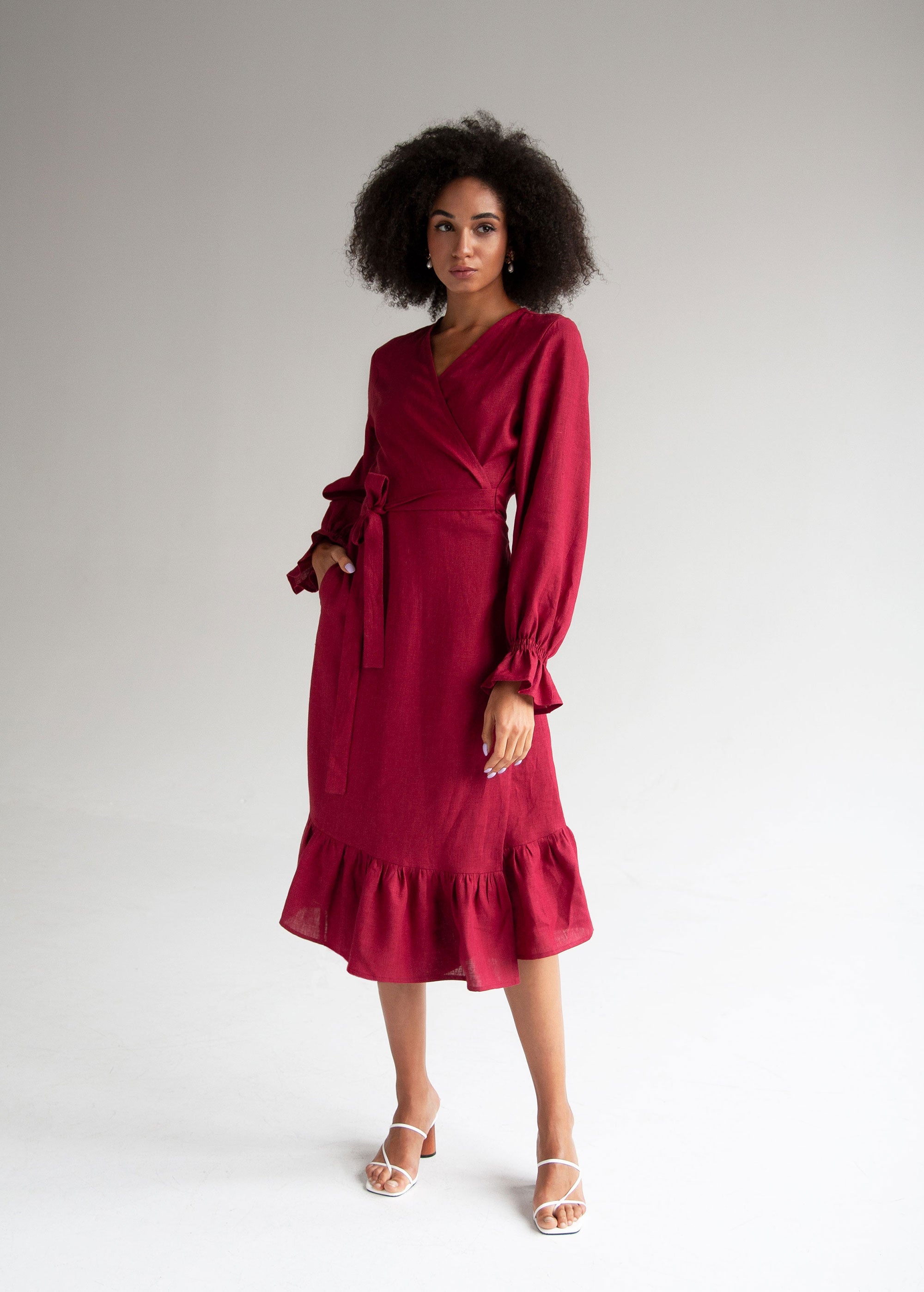 "Jennifer" Burgundy Linen Midi Wrap Dress