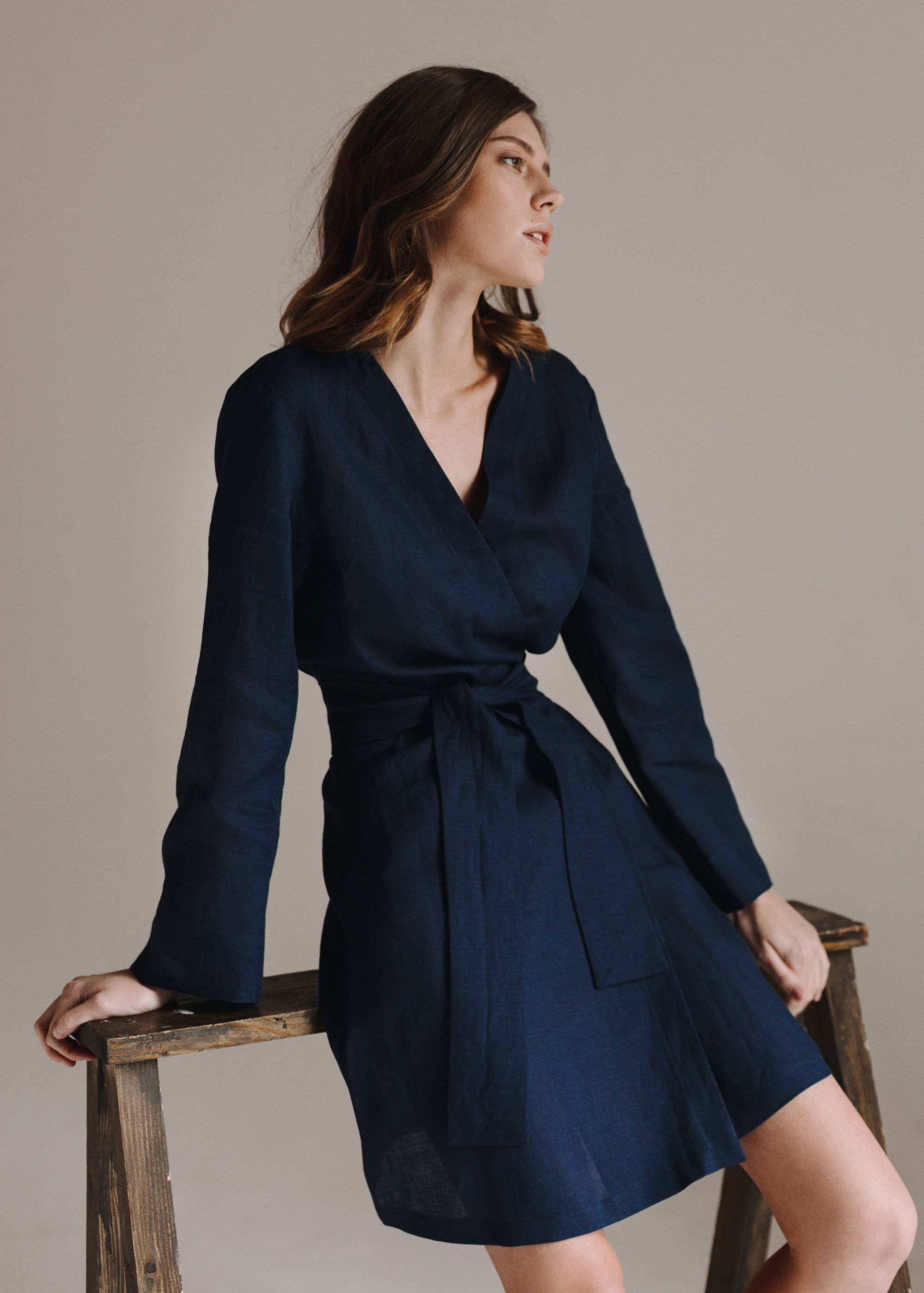 "Midnight" Navy Blue Kimono Robe with sleeves