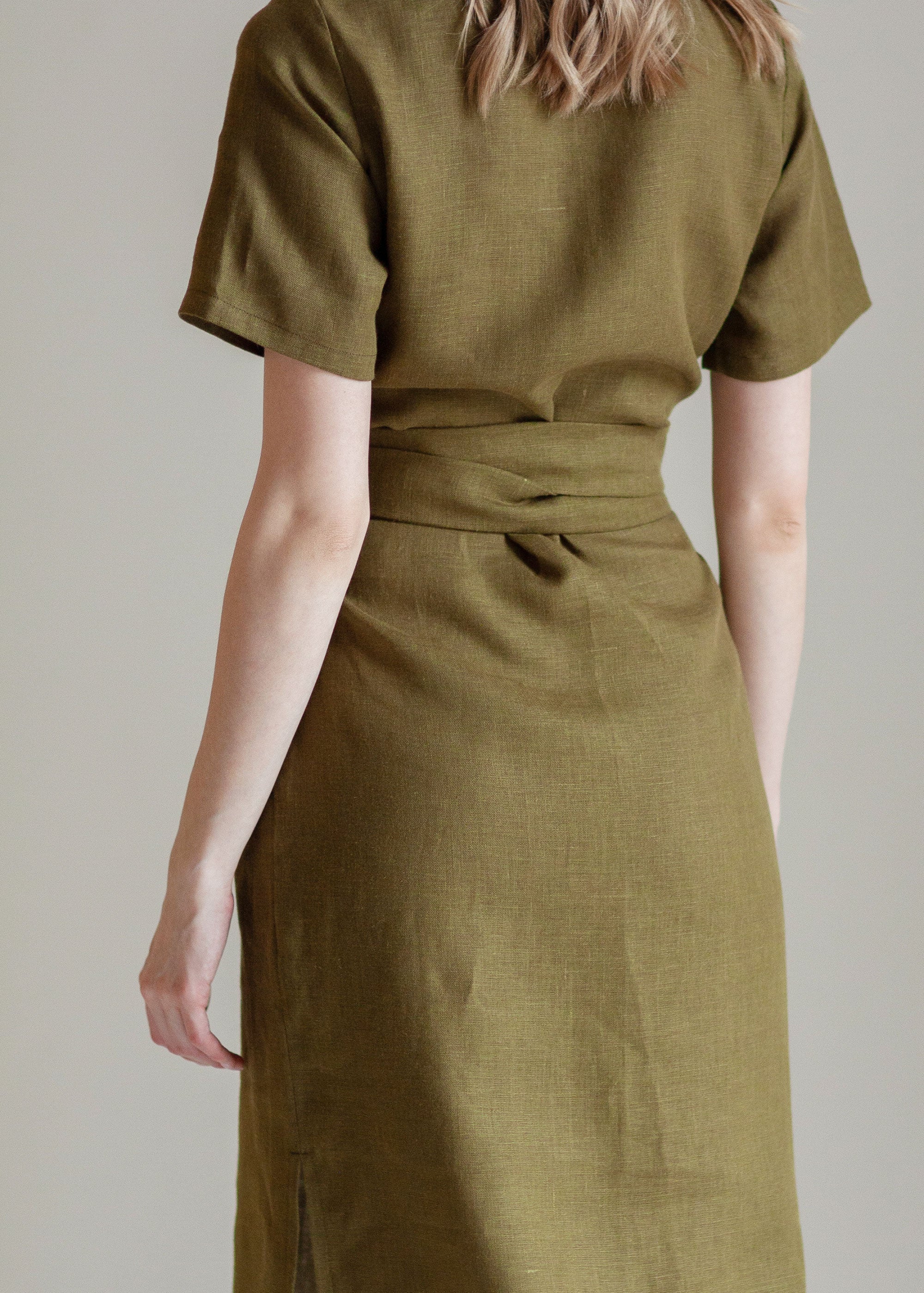 "Adelia" Khaki Green Linen Dress