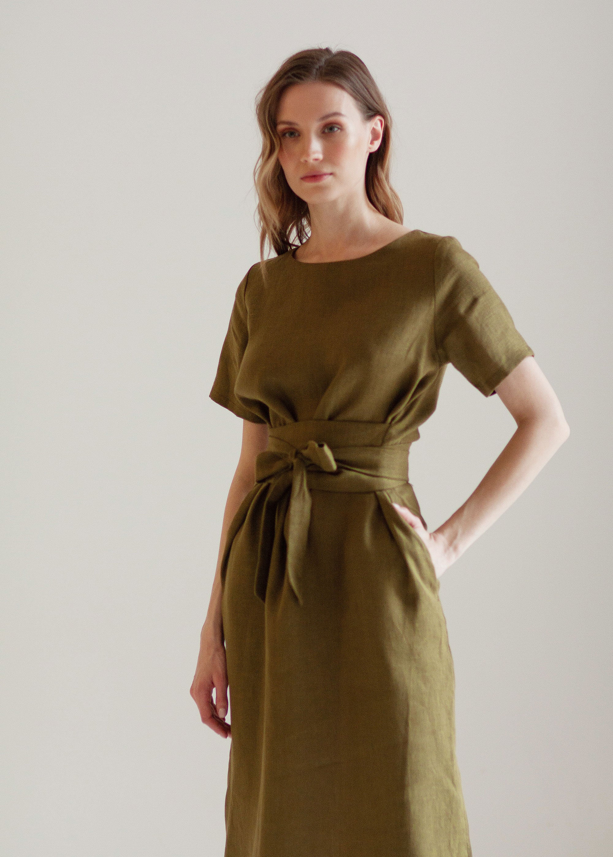 "Adelia" Khaki Green Linen Dress