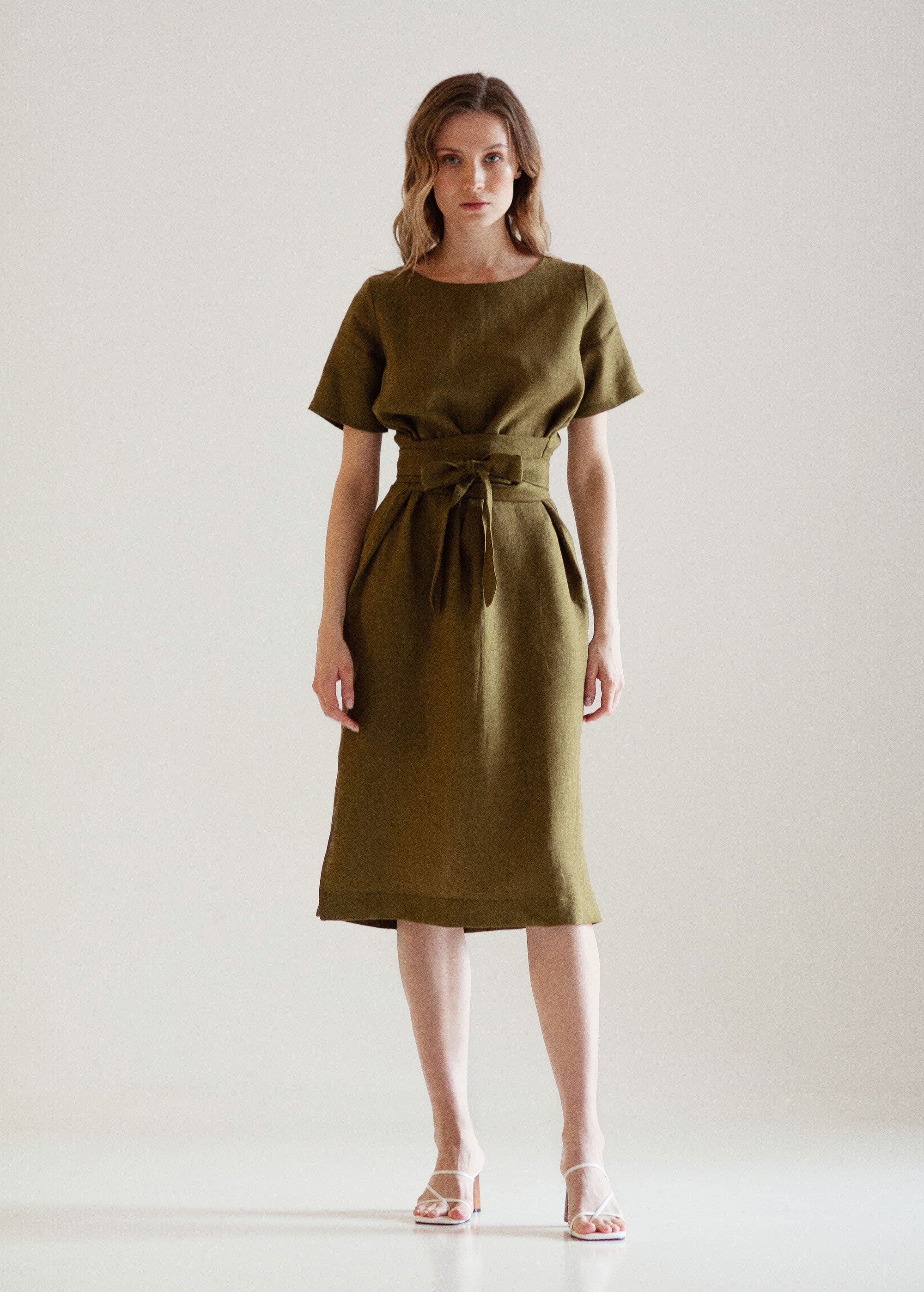 "Adelia" Khaki Green Linen Dress