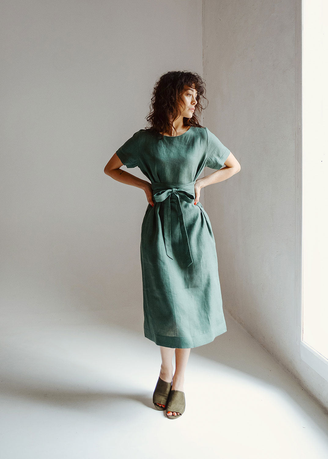 "Adelia" Linen Sage Green Midi Dress