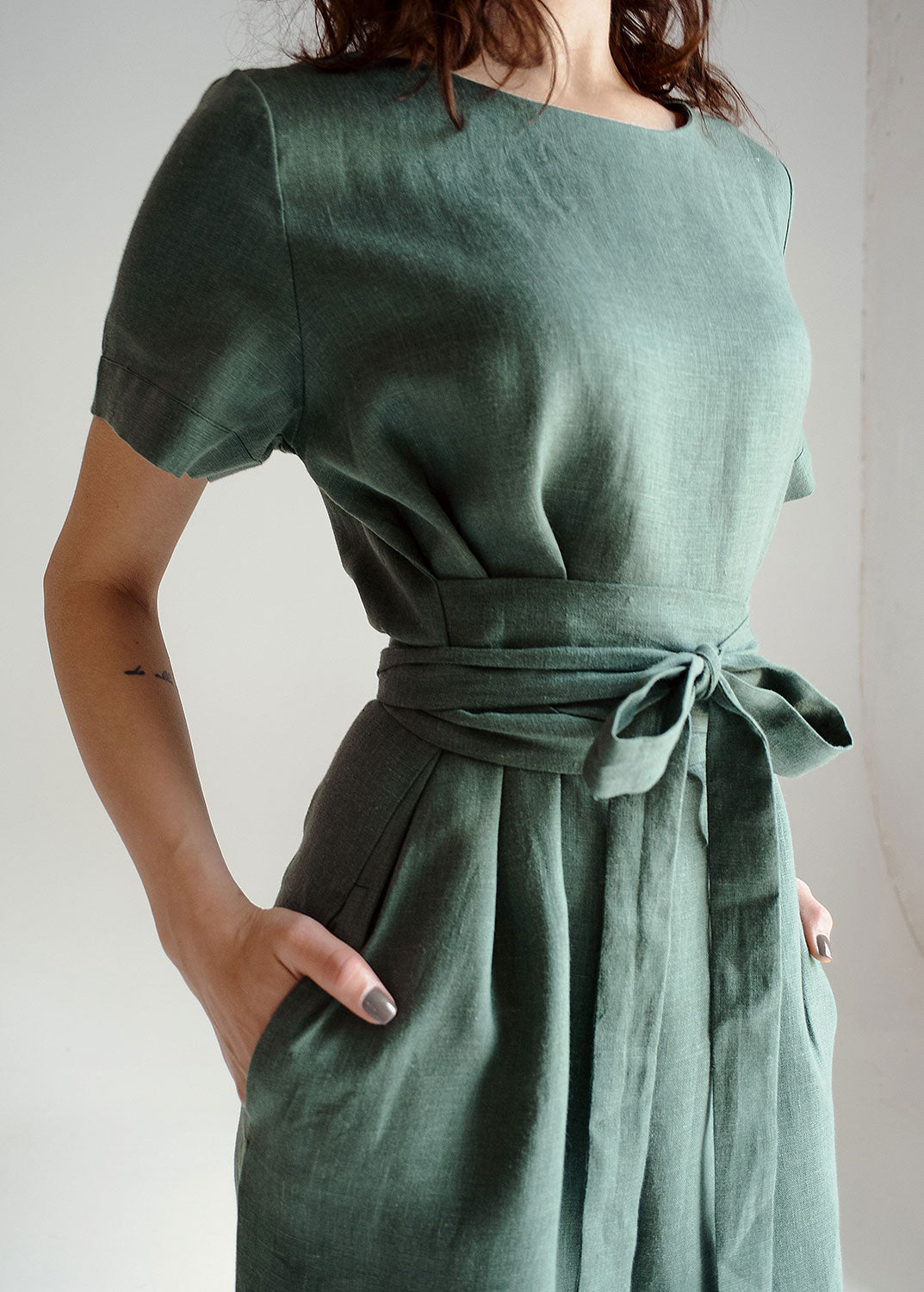 "Adelia" Linen Sage Green Midi Dress