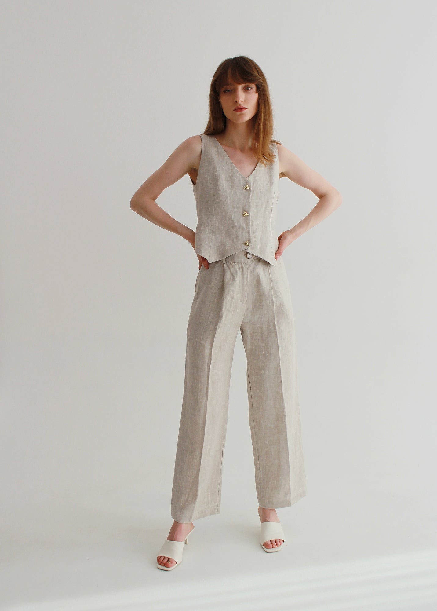 Set of beige linen pants and waistcoat