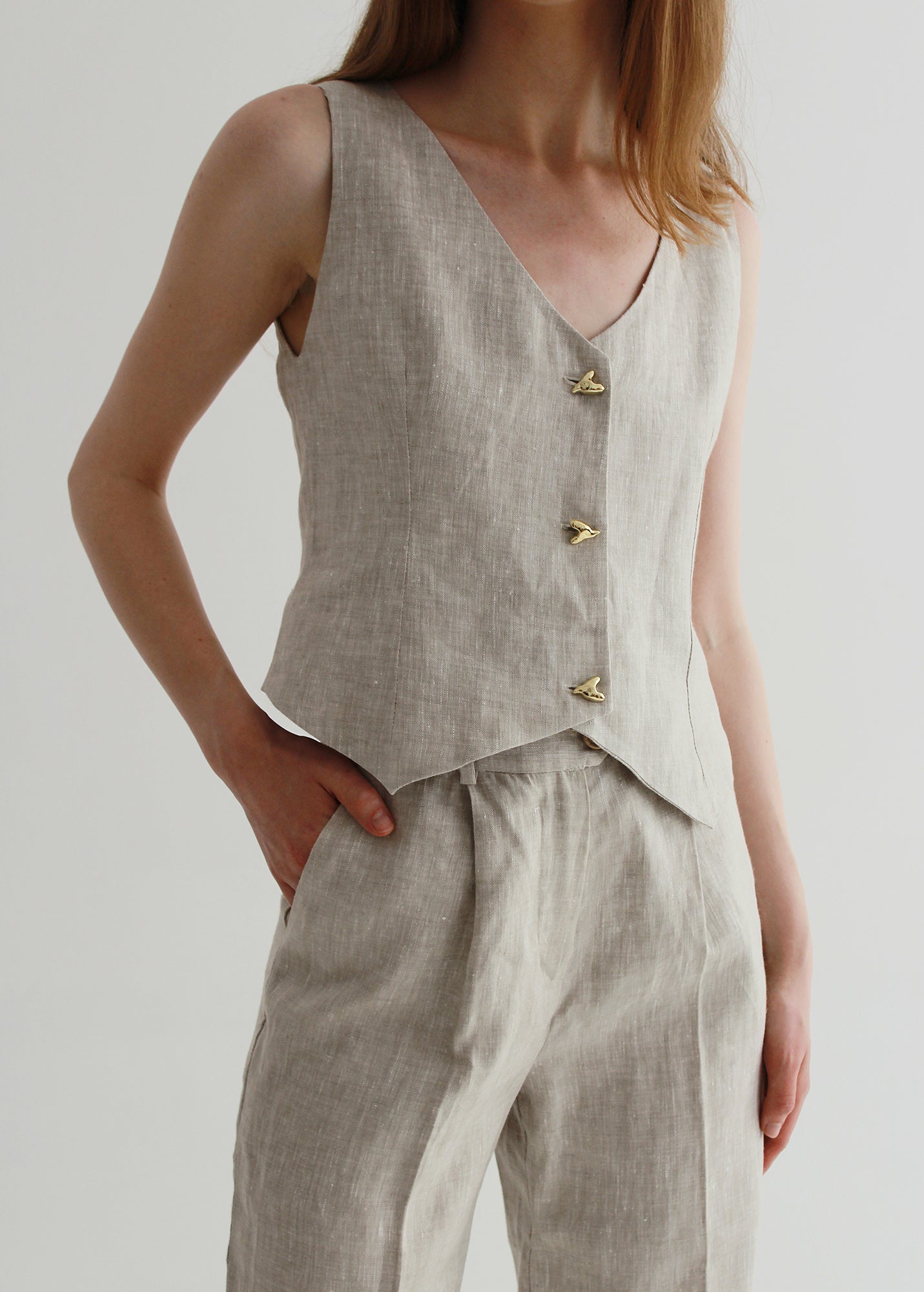 Set of beige linen pants and waistcoat