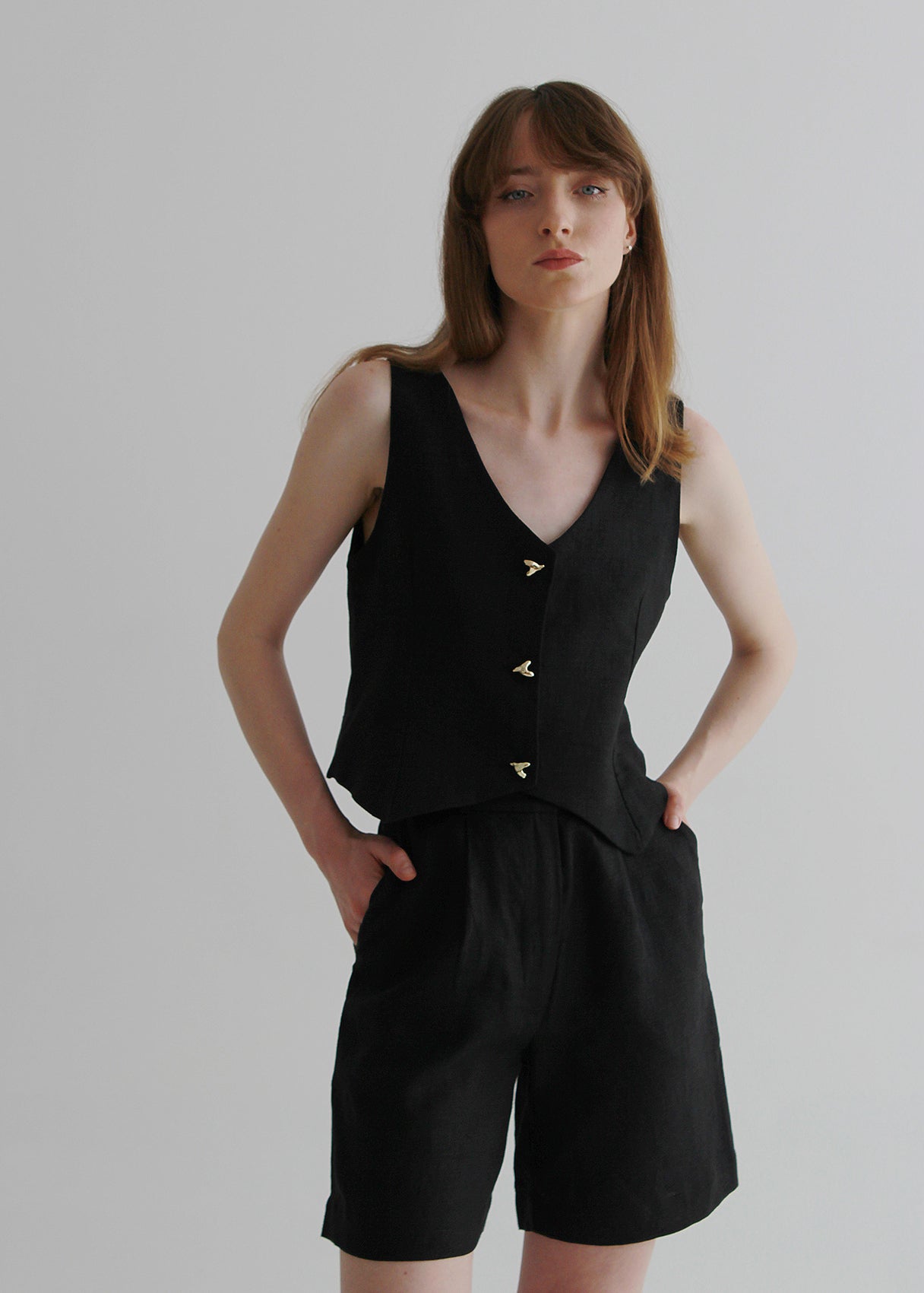 Set of  black linen shorts and waistcoat