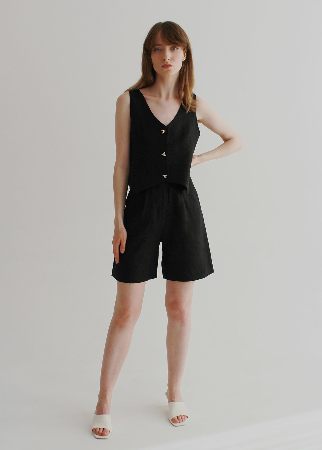 Set of  black linen shorts and waistcoat