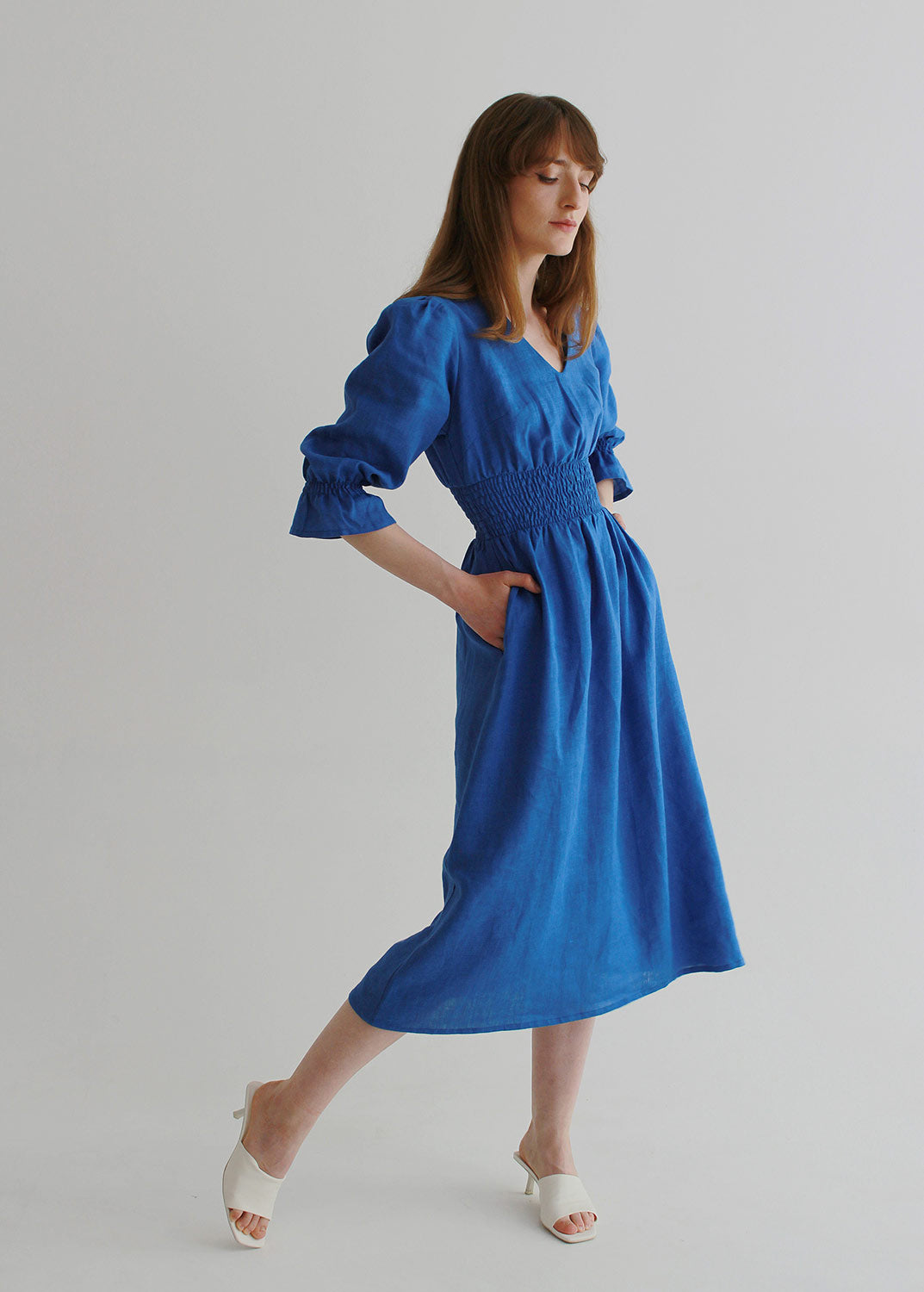 "Lisa" Blue Linen Midi Dress