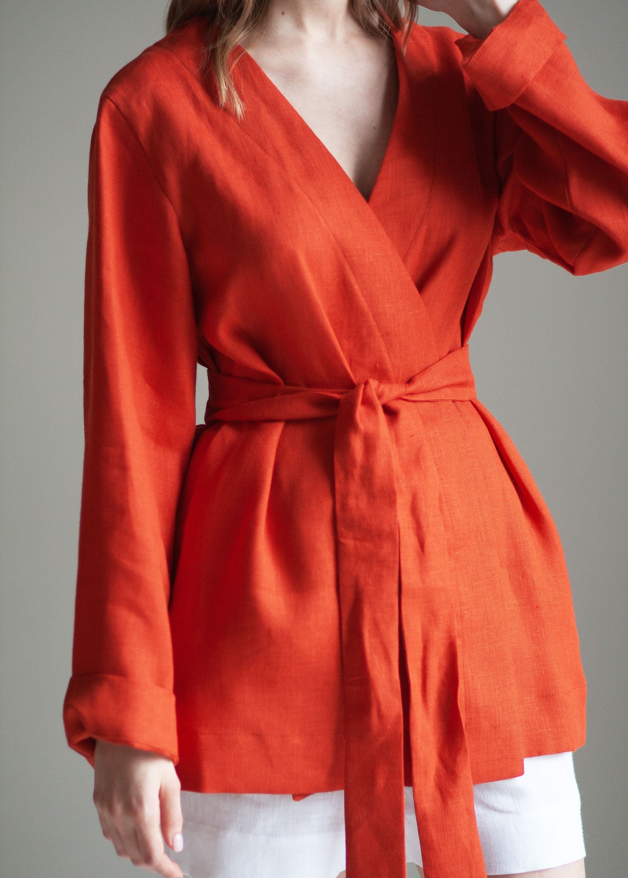 Burnt Orange Linen Kimono Jacket