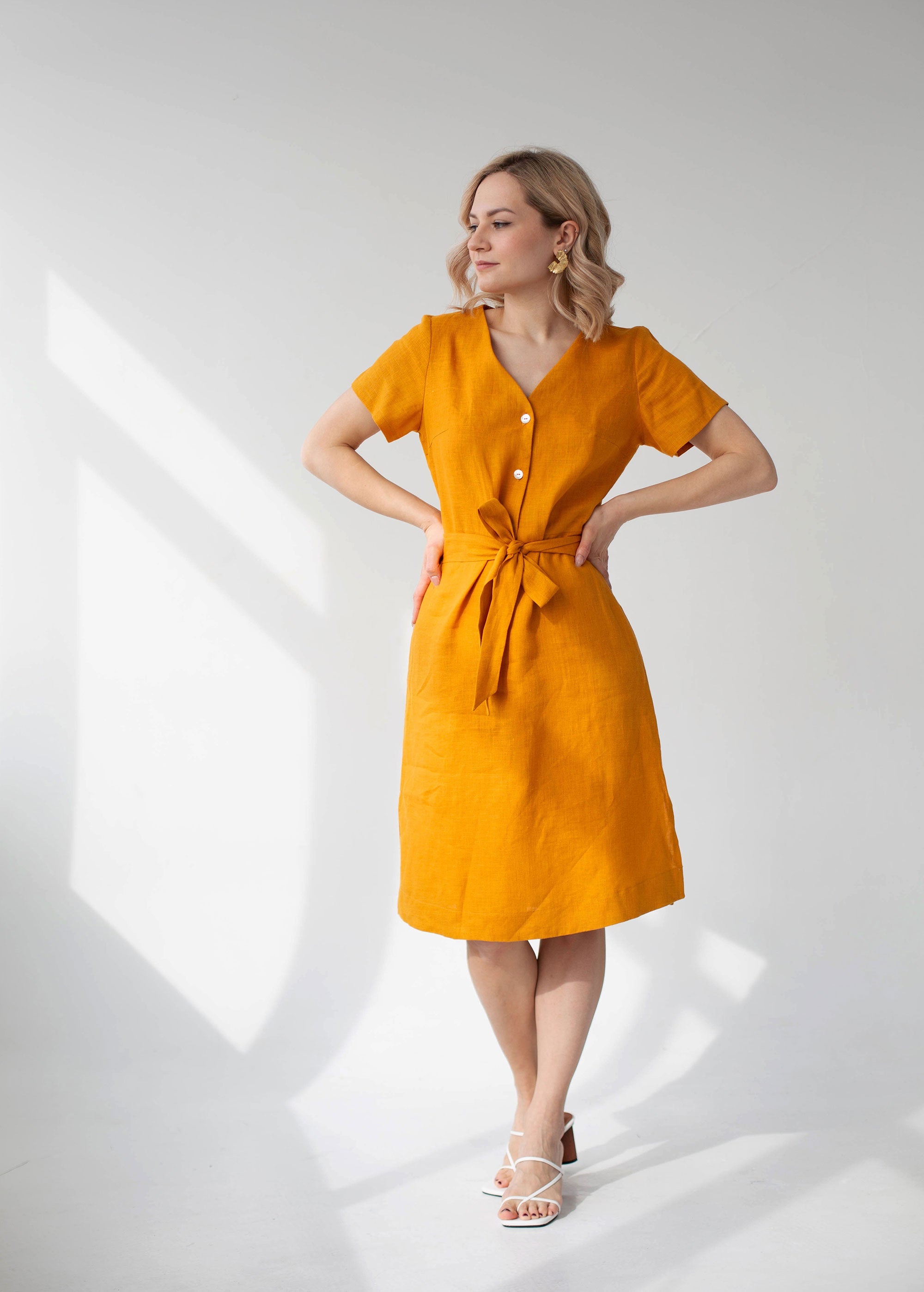 "Daisy" Mustard Button Front Linen Dress