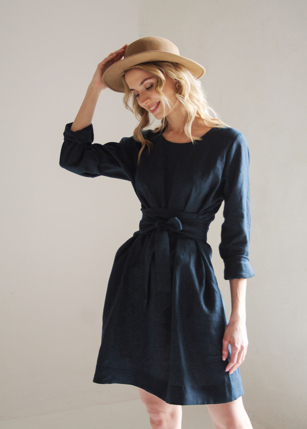 "Audrey" Linen Navy Blue Dress