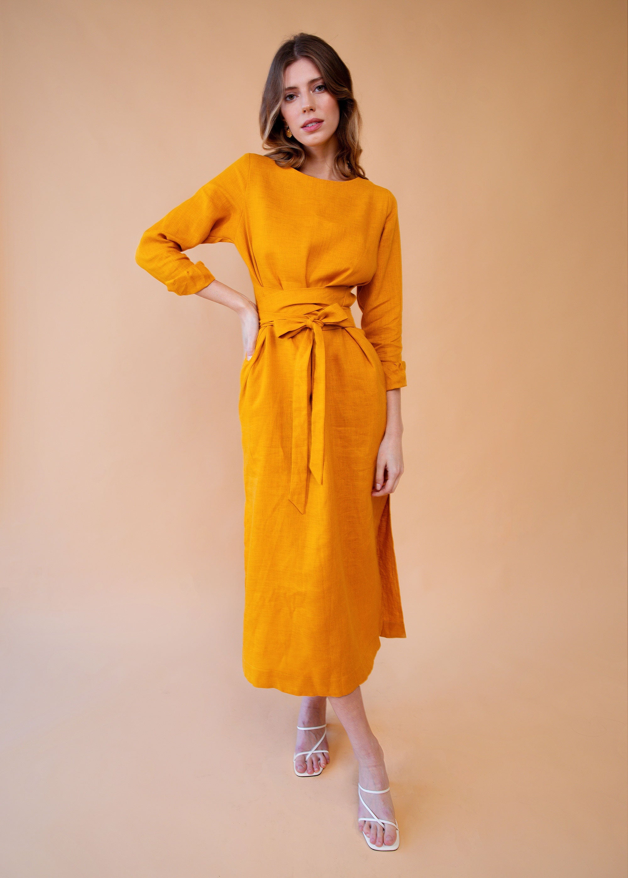 "Audrey" Linen Mustard Yellow Maxi Dress