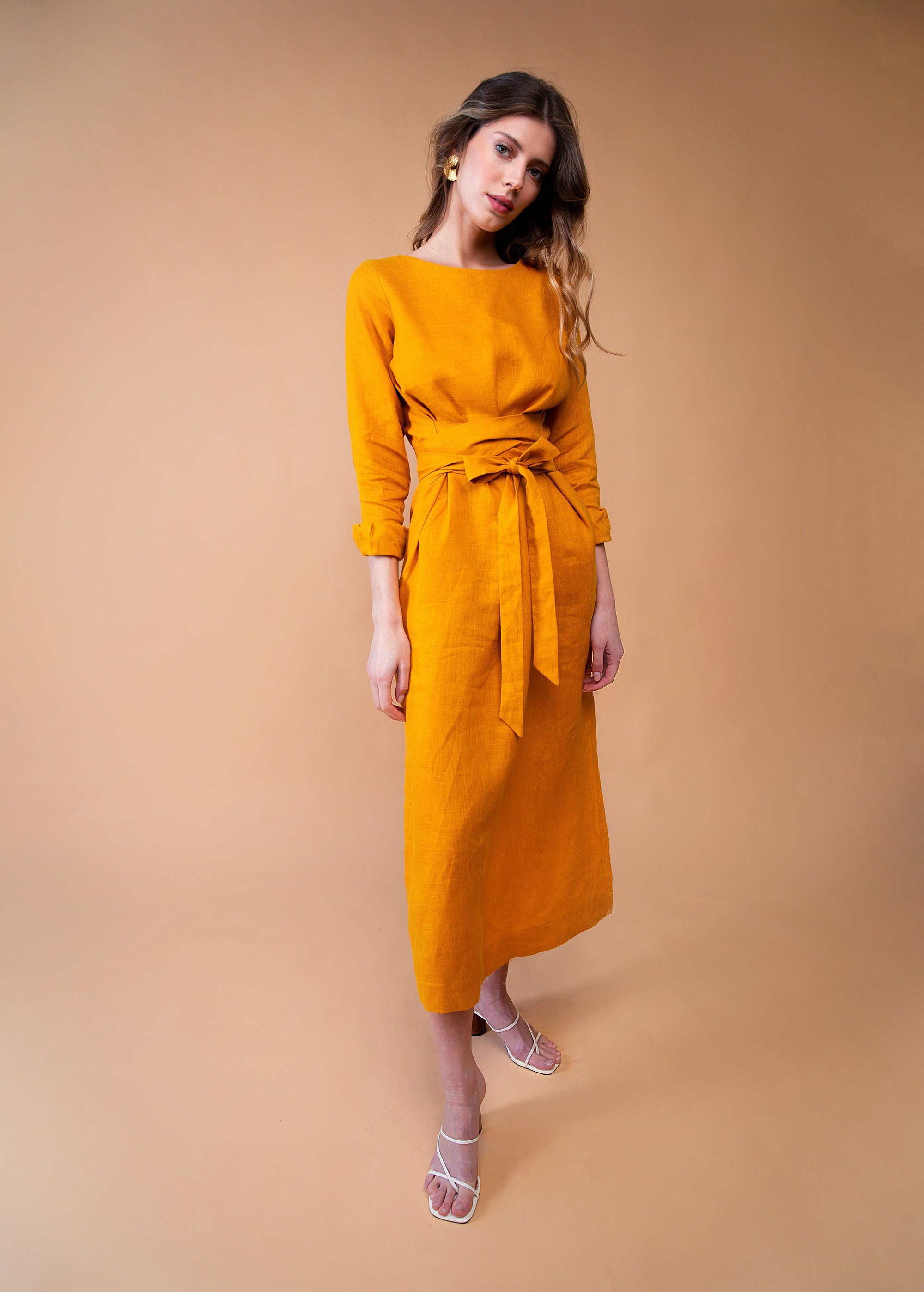 "Audrey" Linen Mustard Yellow Maxi Dress