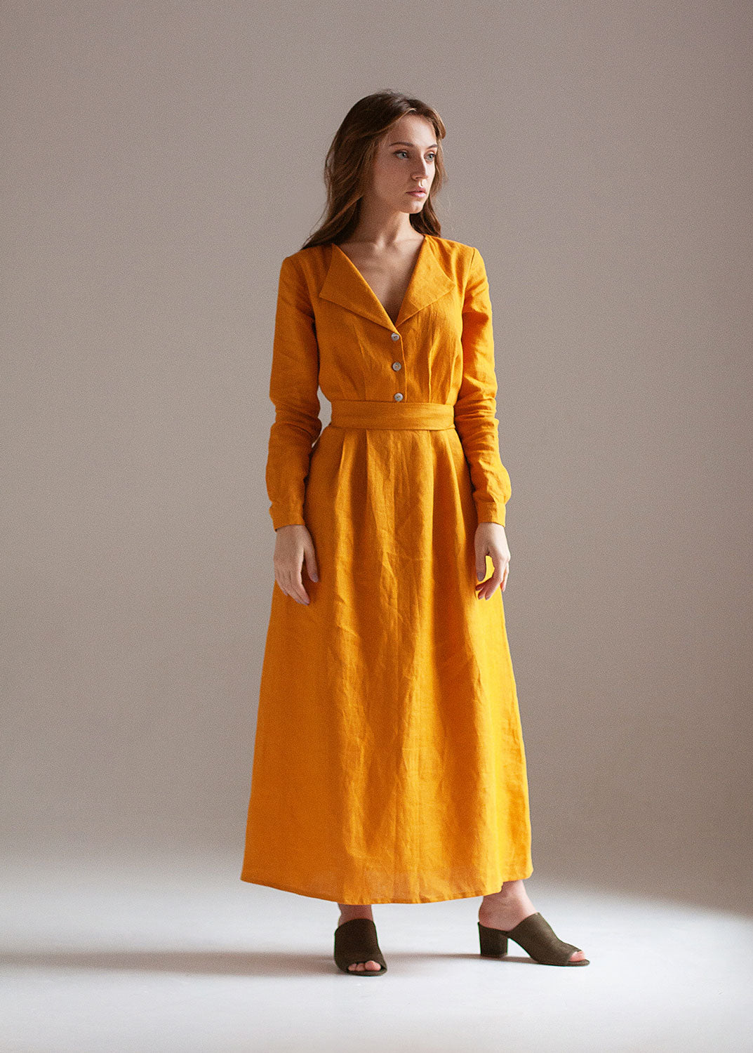 "Janet" Mustard Yellow Linen Maxi Dress with buttons