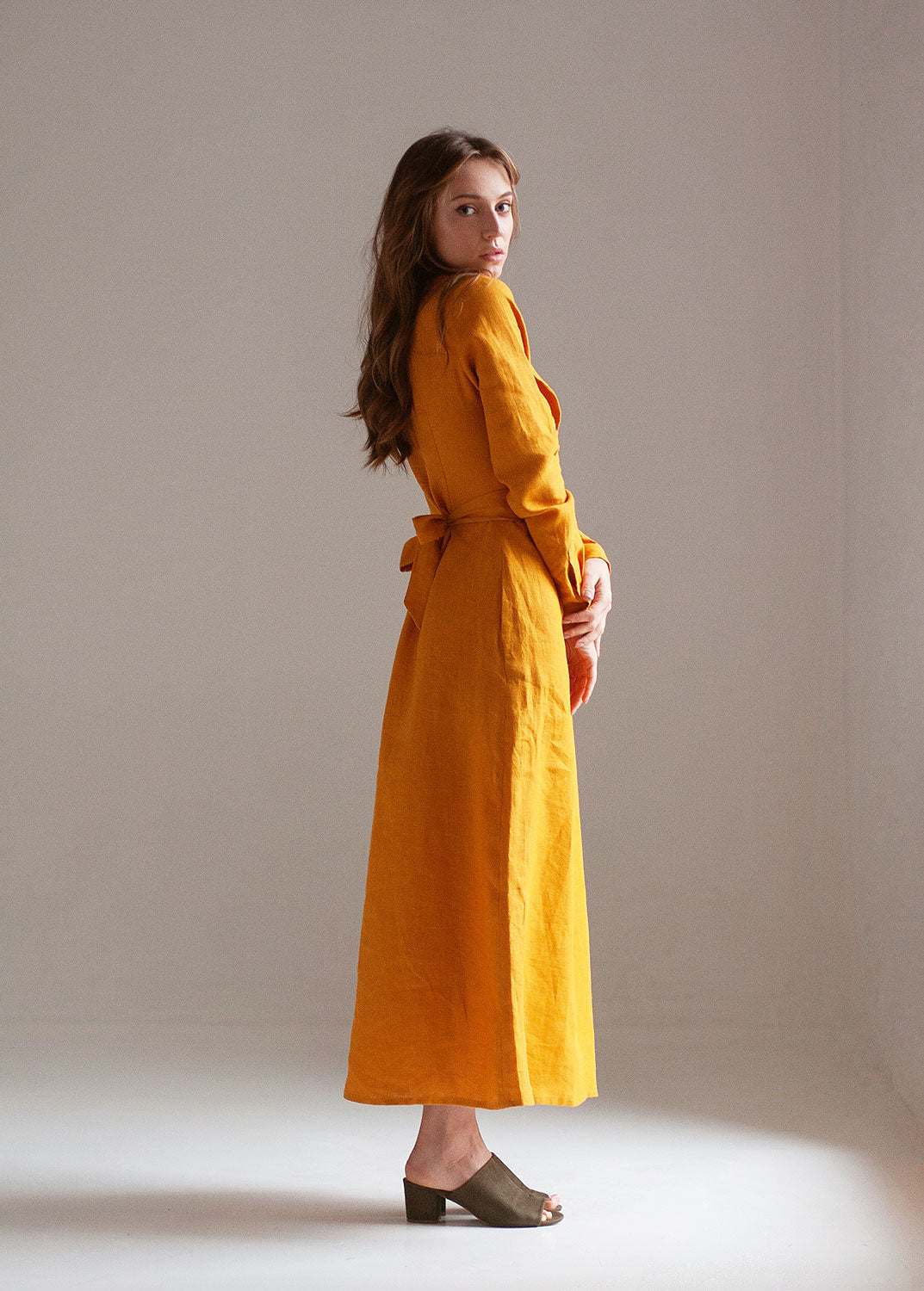 "Janet" Mustard Yellow Linen Maxi Dress with buttons