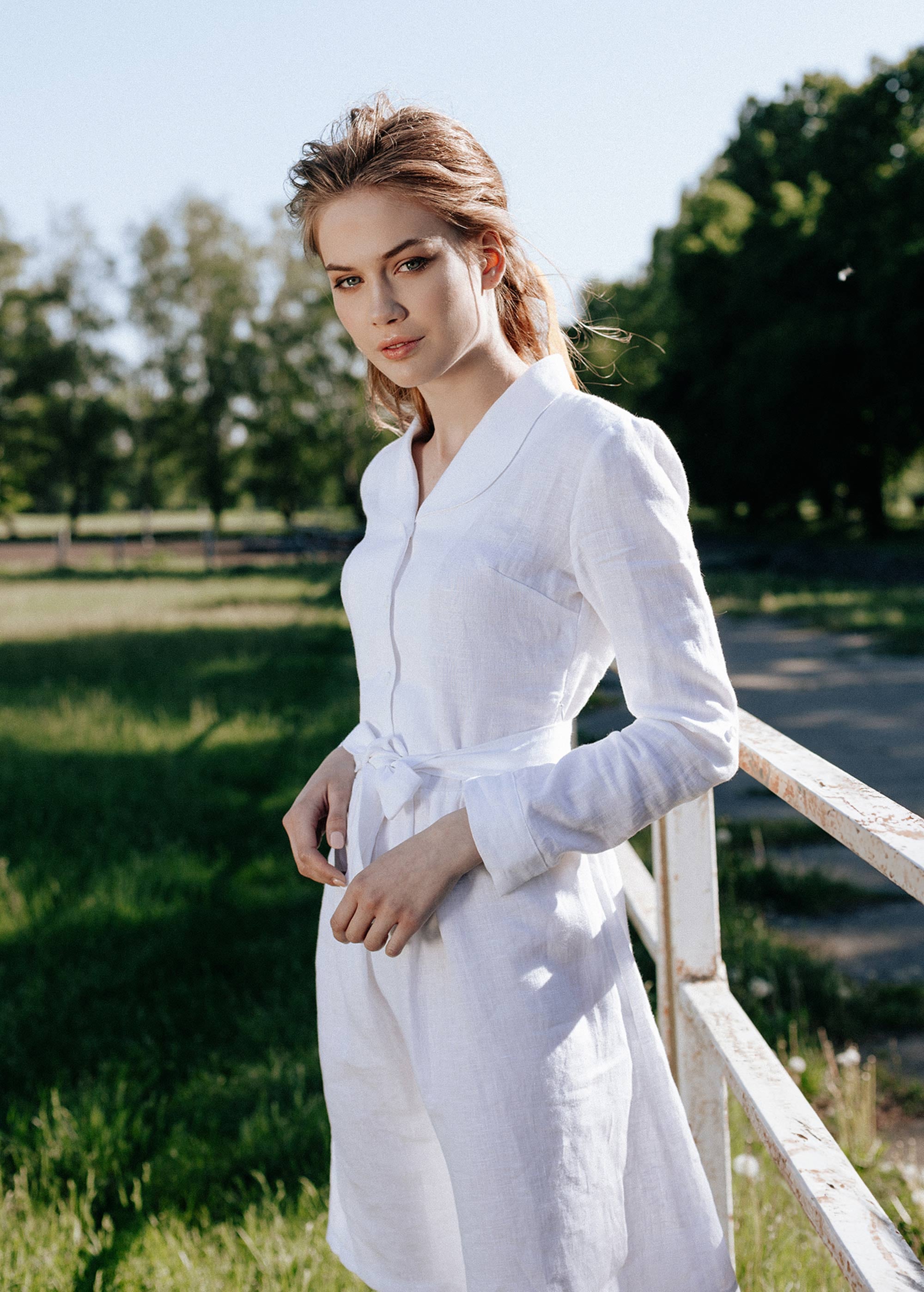 "Lily" White Button Front Linen Dress