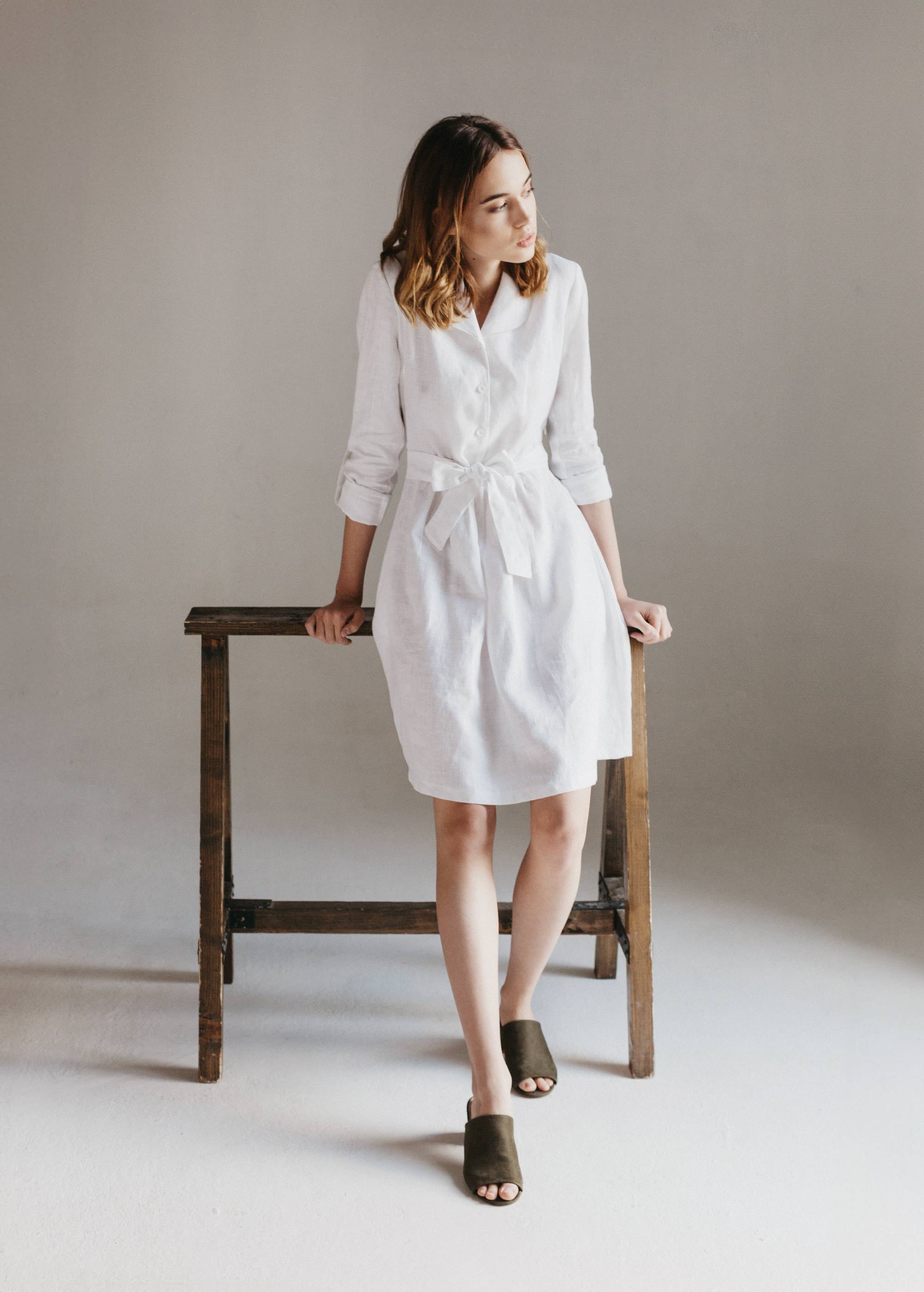 "Lily" White Button Front Linen Dress