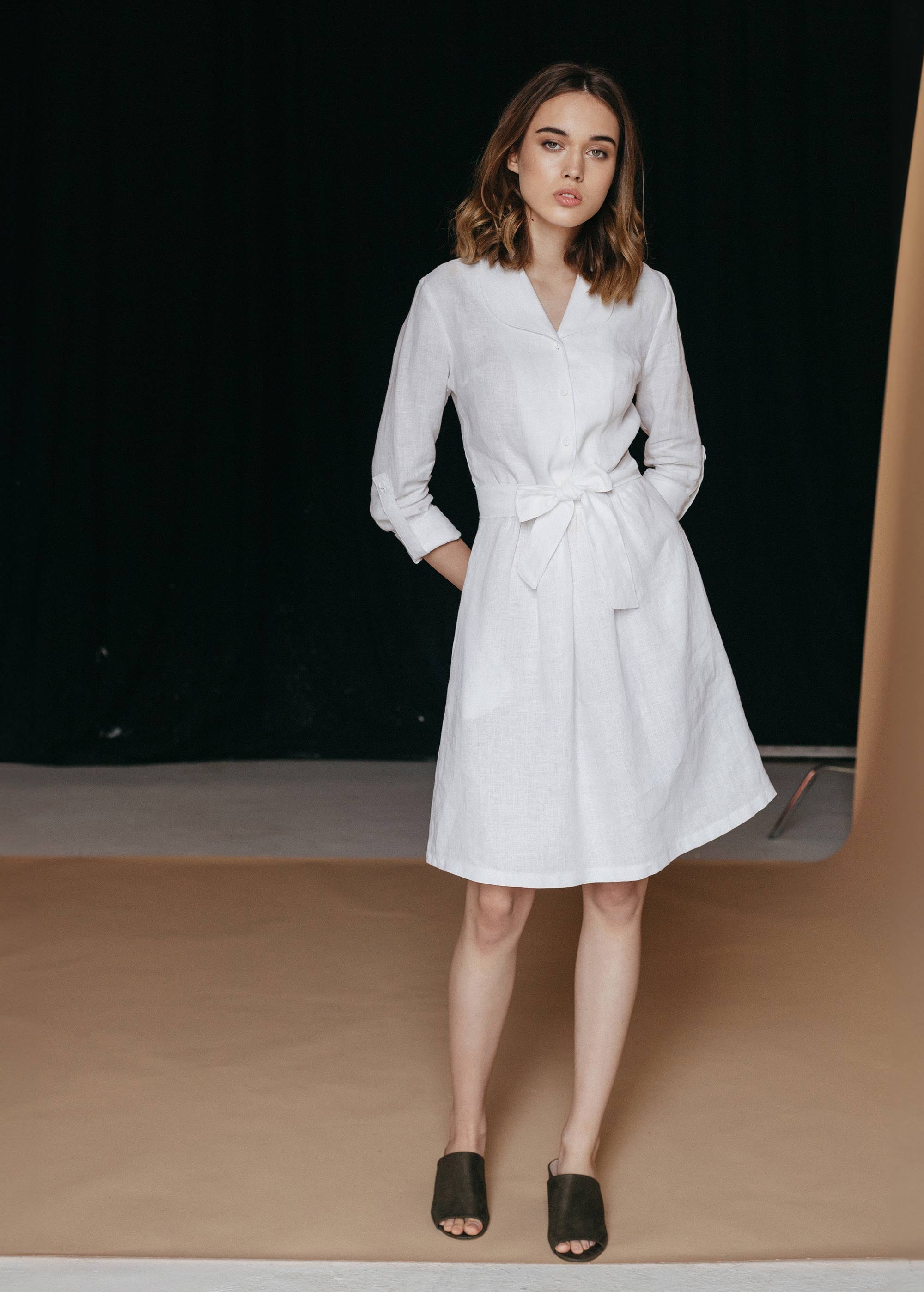 "Lily" White Button Front Linen Dress