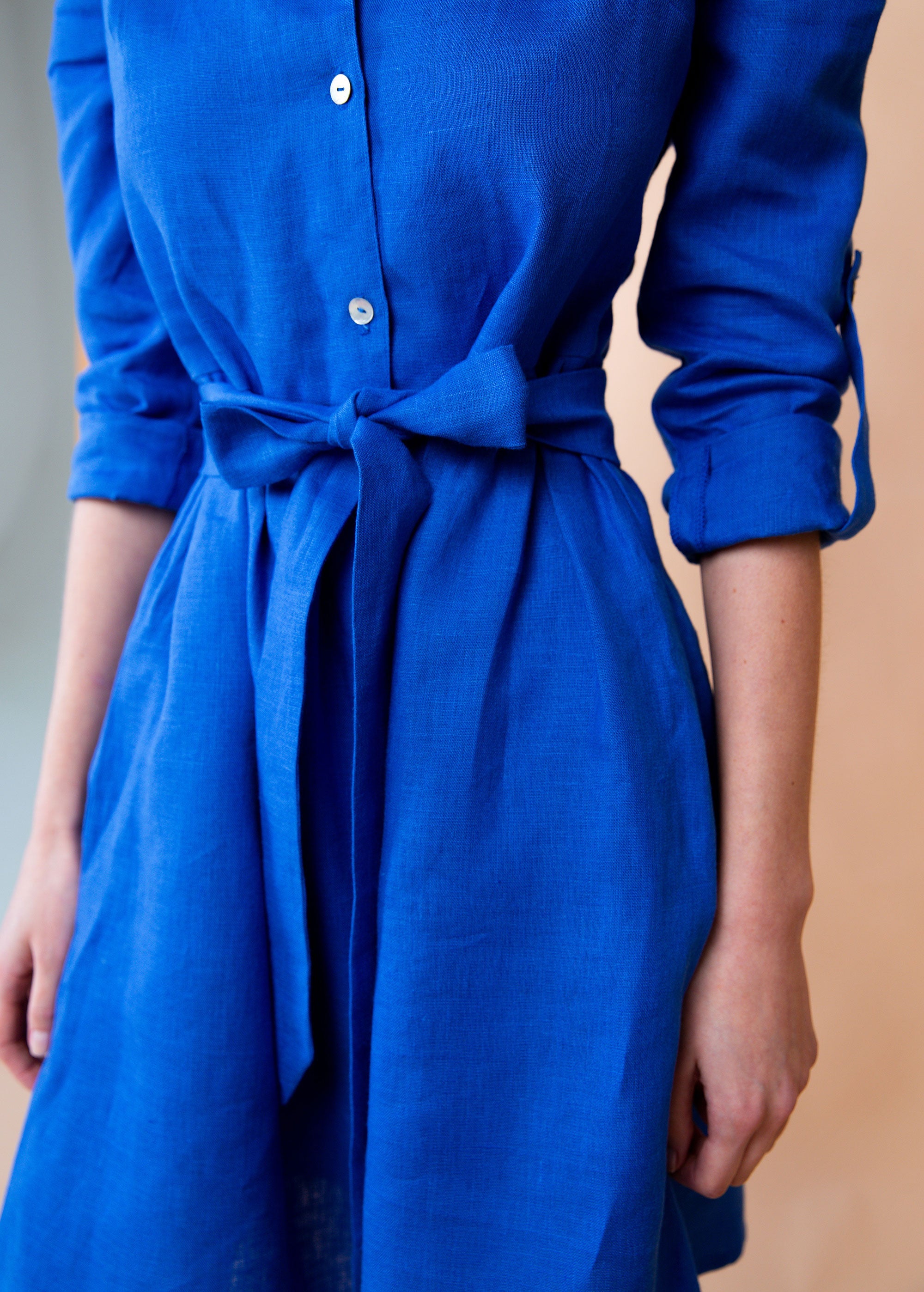 "Lily" Blue Button Front Linen Dress