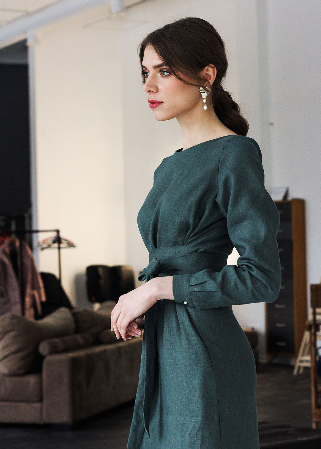 Robe en lin vert sauge taille M « Audrey »