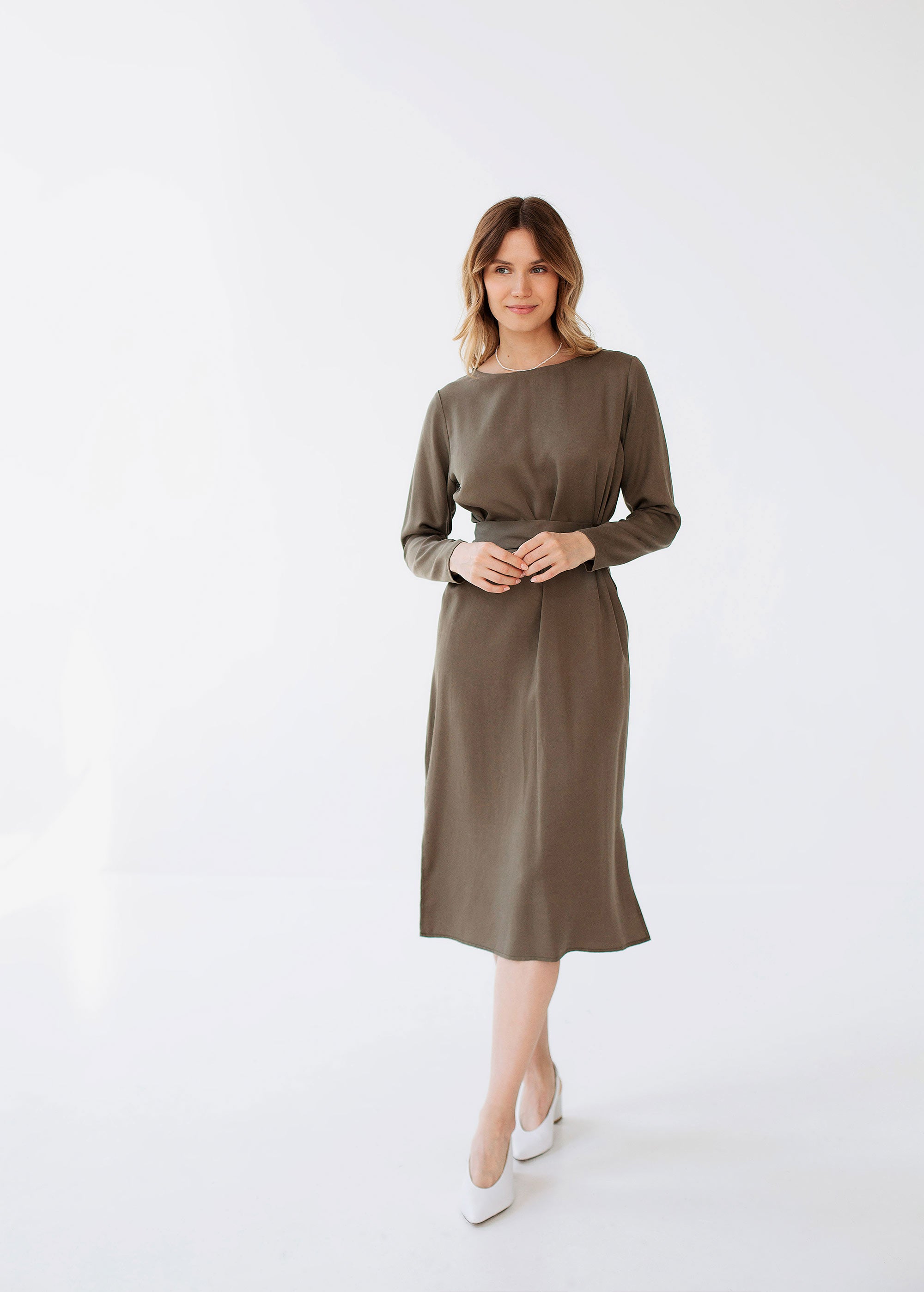 "Audrey" Khaki Green Midi Dress