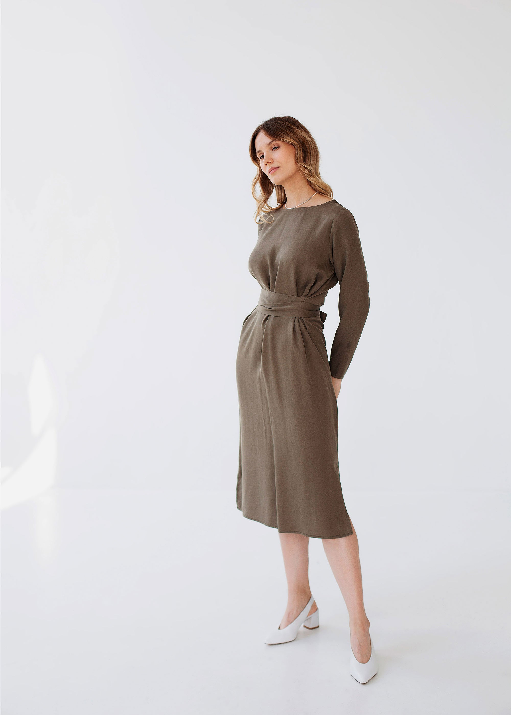 "Audrey" Khaki Green Midi Dress