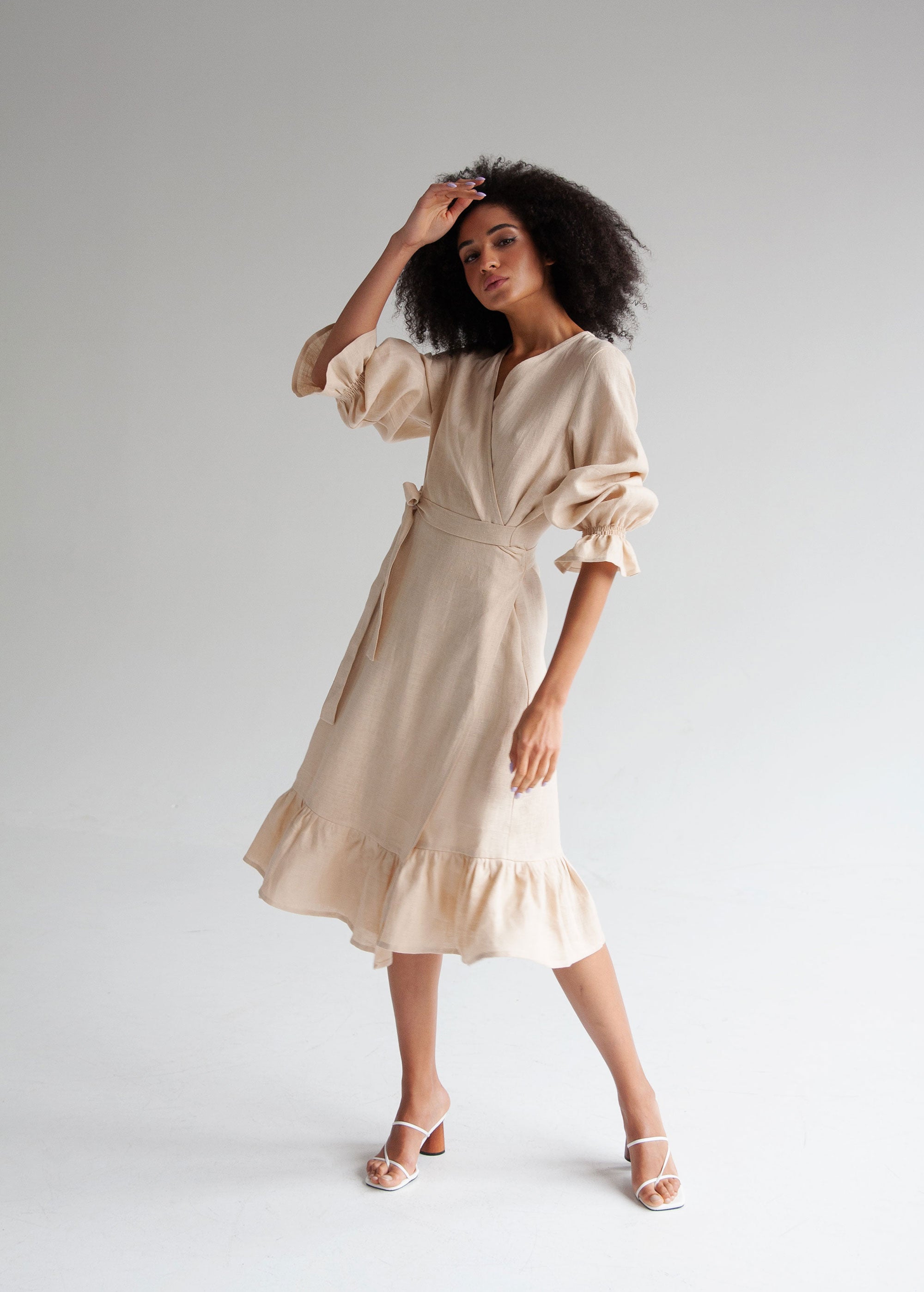 "Jennifer" Cream Linen Midi Wrap Dress