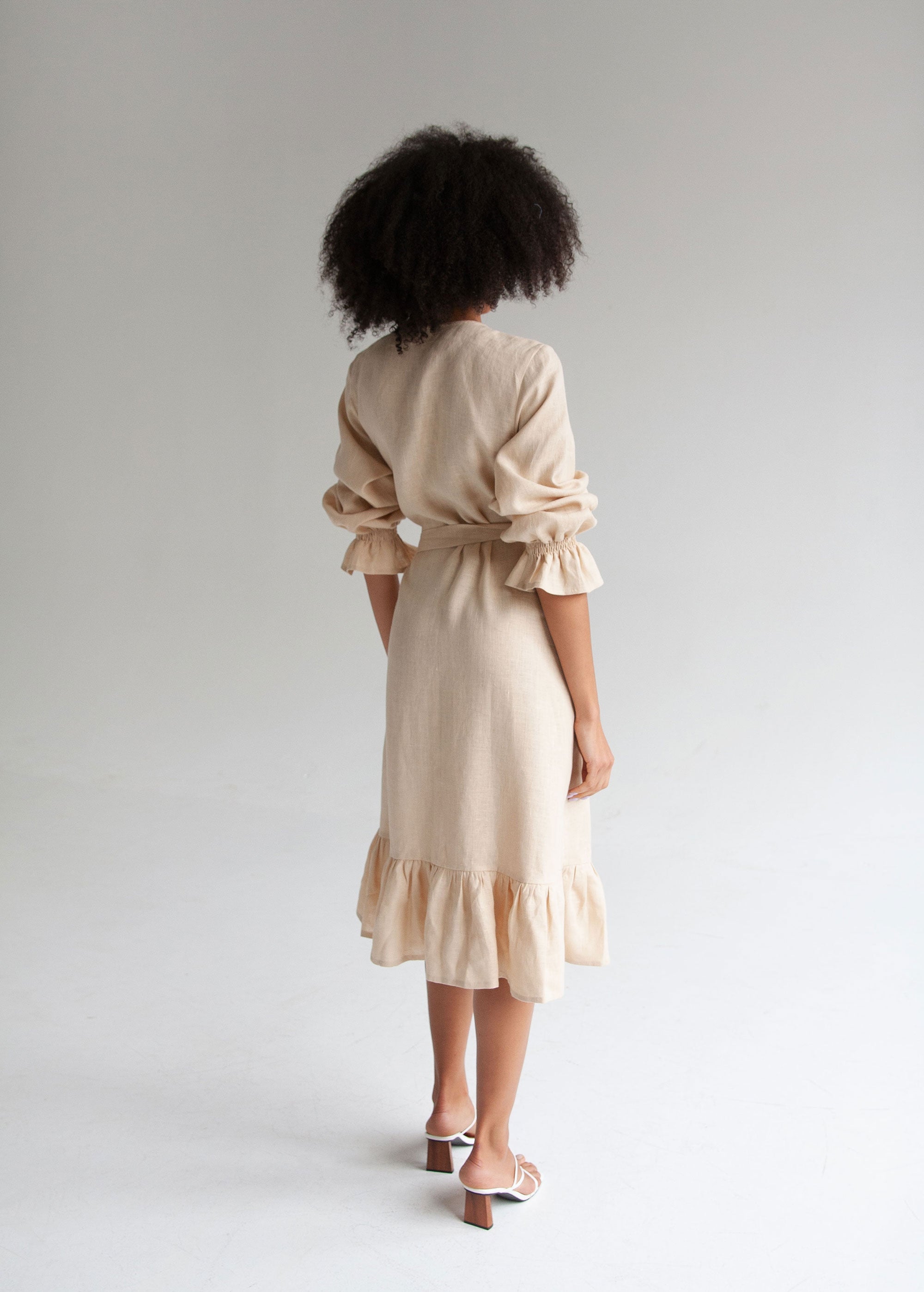 "Jennifer" Cream Linen Midi Wrap Dress