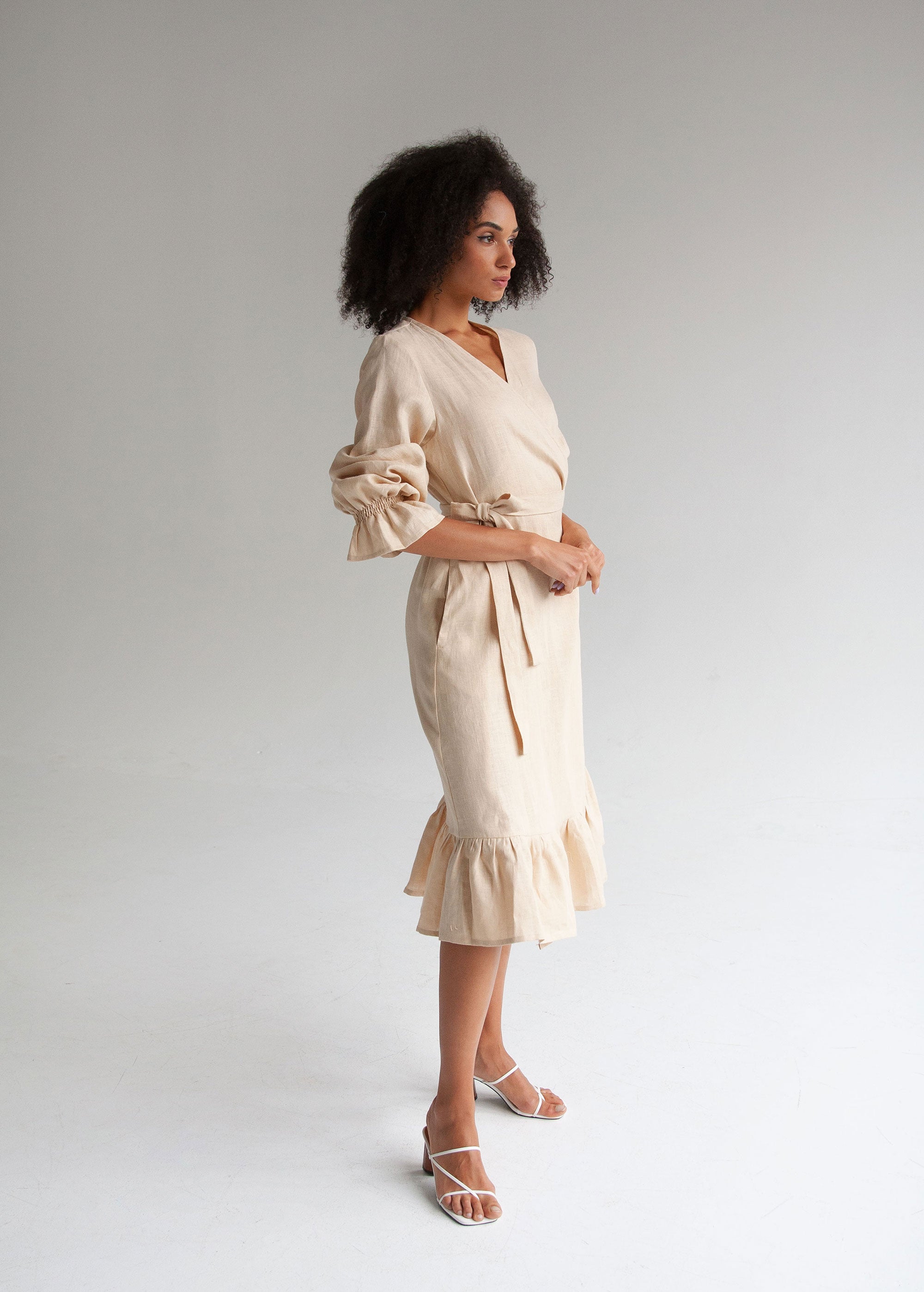 "Jennifer" Cream Linen Midi Wrap Dress