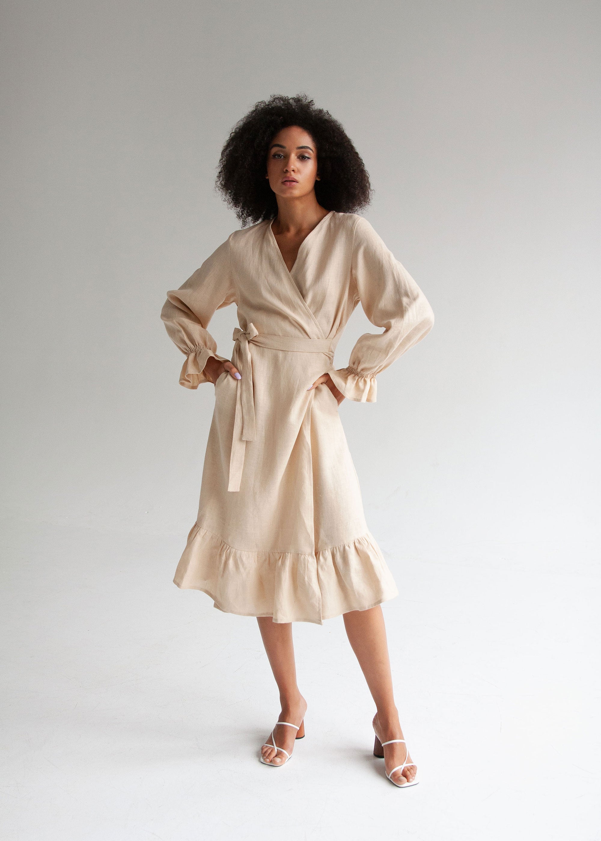 "Jennifer" Cream Linen Midi Wrap Dress