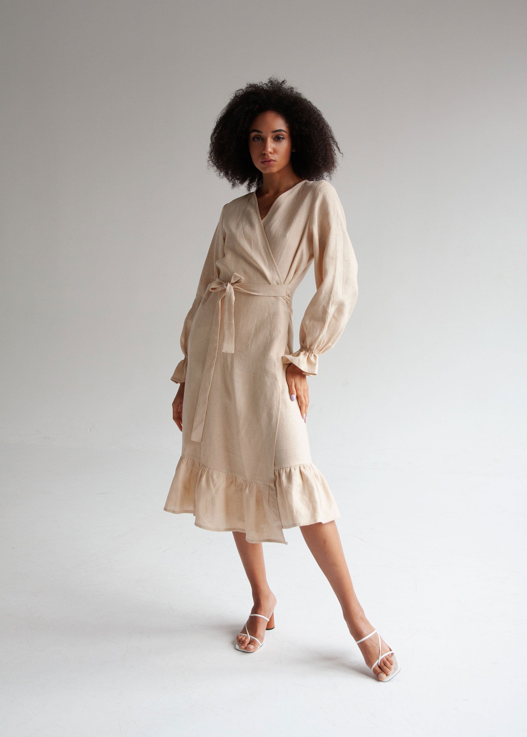 "Jennifer" Cream Linen Midi Wrap Dress