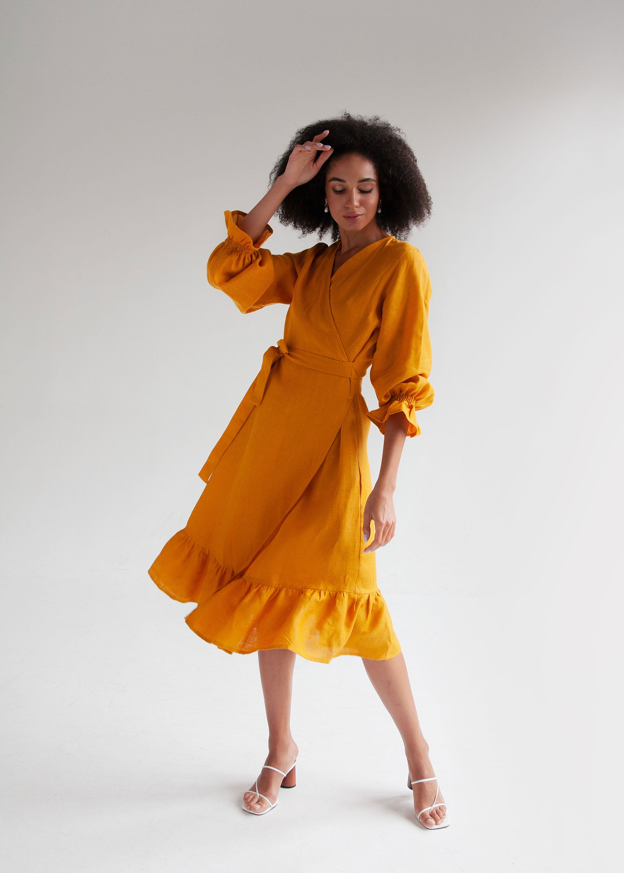 "Jennifer" Mustard Yellow Linen Wrap Dress