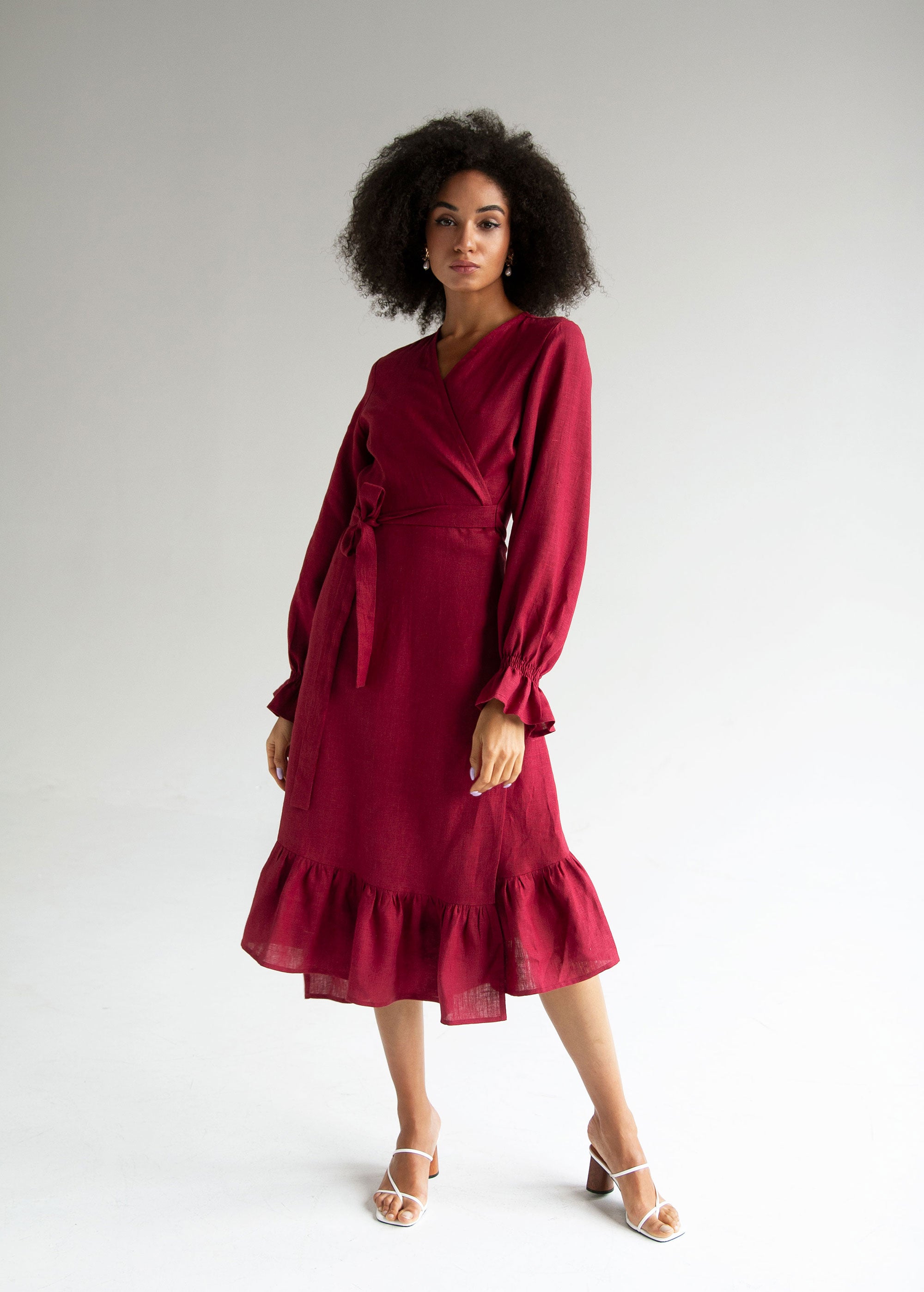 "Jennifer" Burgundy Linen Midi Wrap Dress