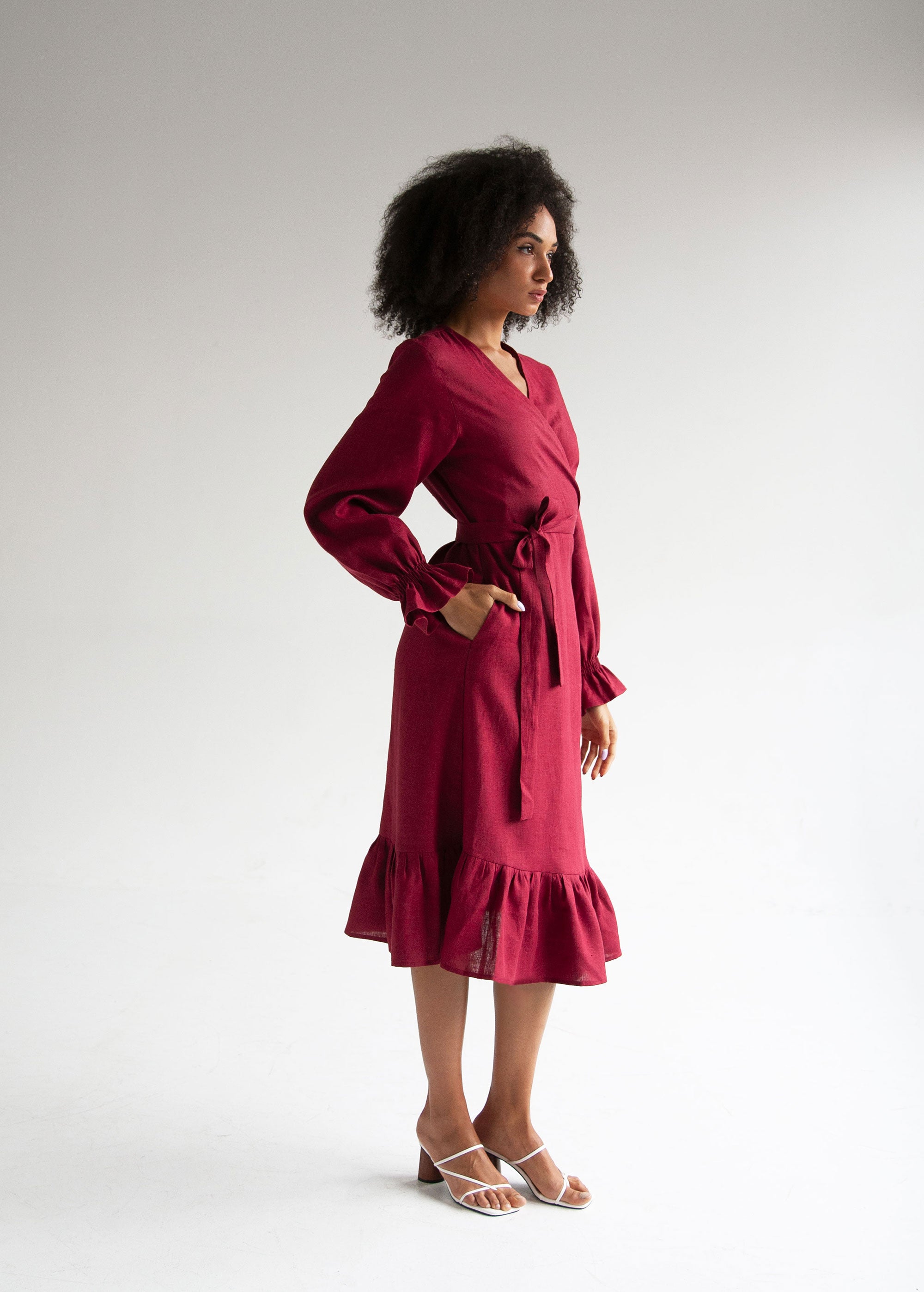 "Jennifer" Burgundy Linen Midi Wrap Dress